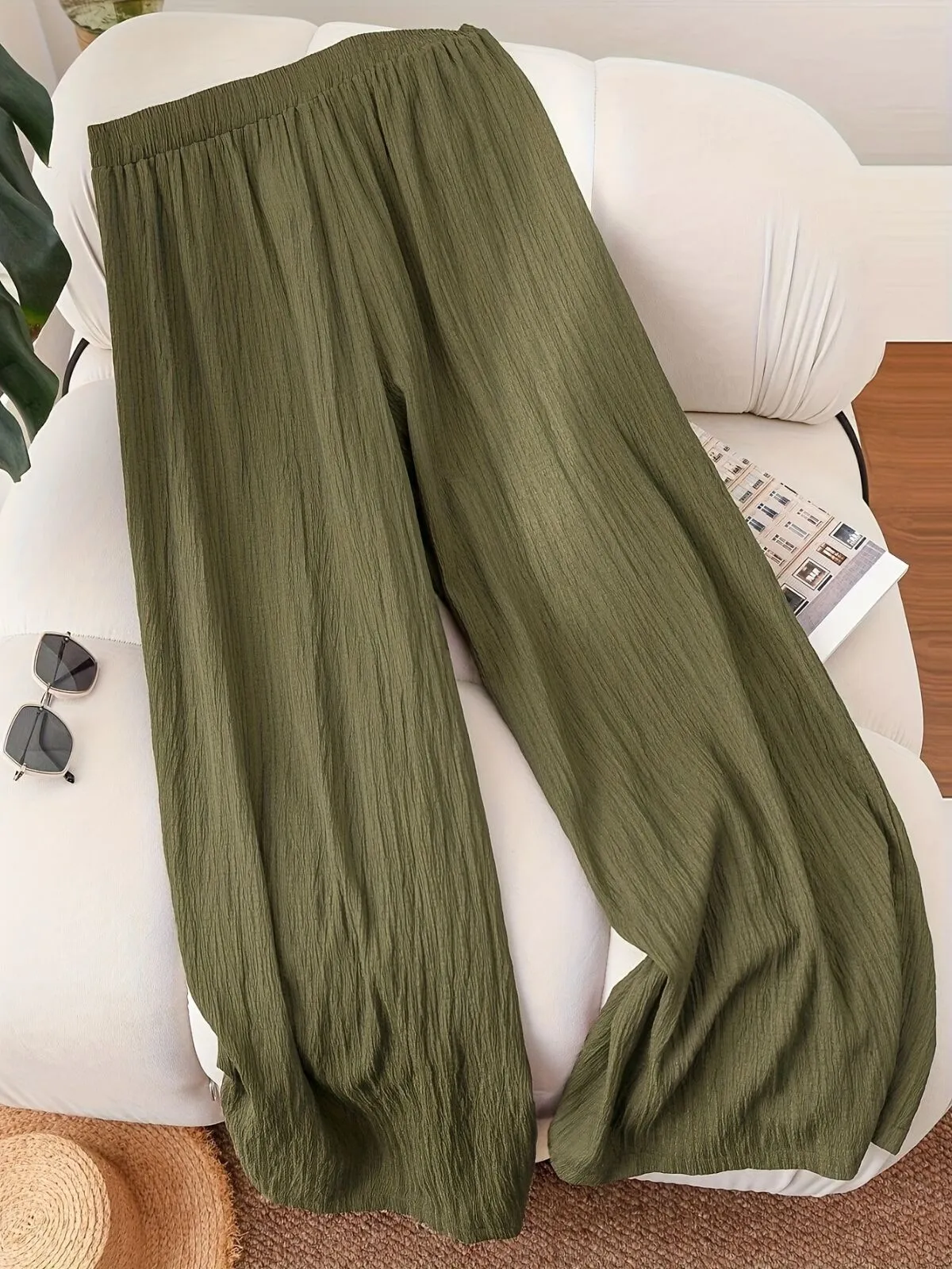 Plus Size Casual Comfy Solid Color Baggy High Rise Palazzo Pants, 2 of 7