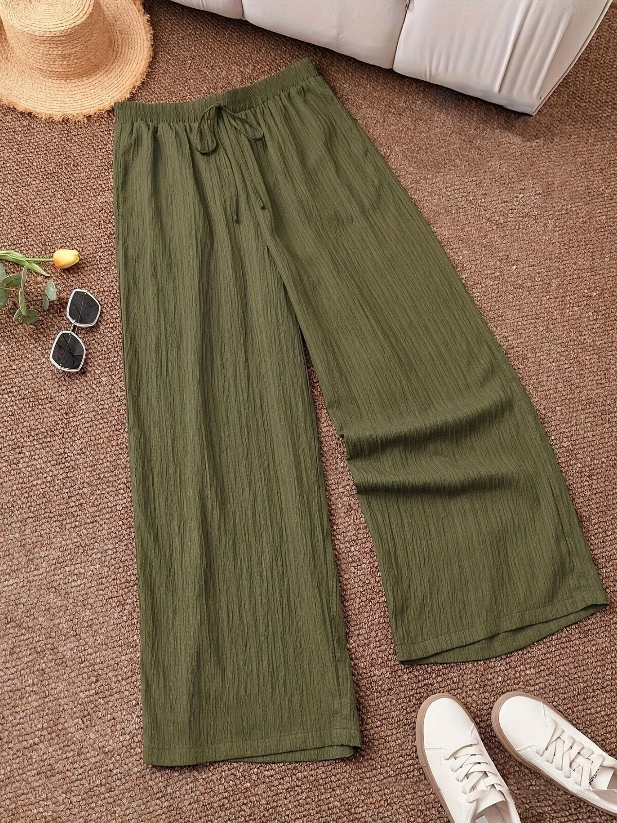 Plus Size Casual Comfy Solid Color Baggy High Rise Palazzo Pants, 3 of 7