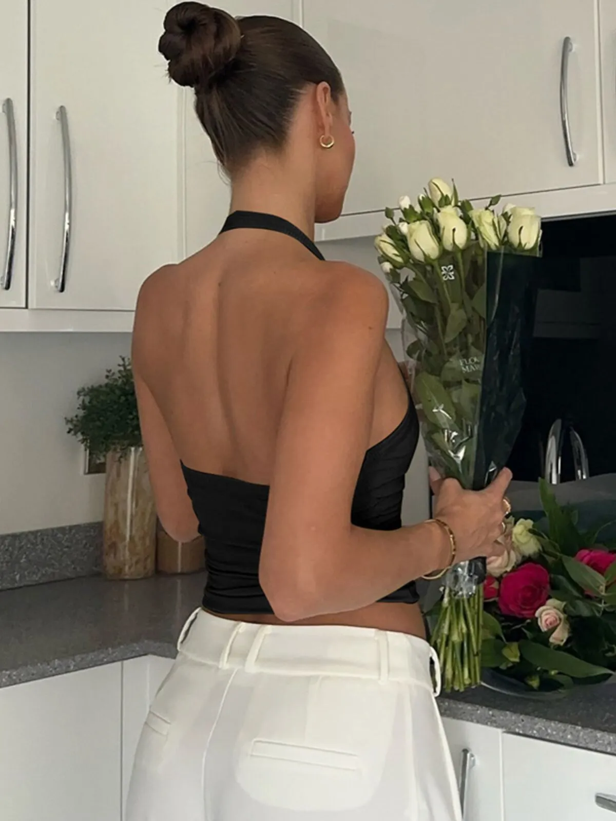 Solid Spaghetti Strap Ribbed Halter Neck Top for Daily Wear, 2 of 4