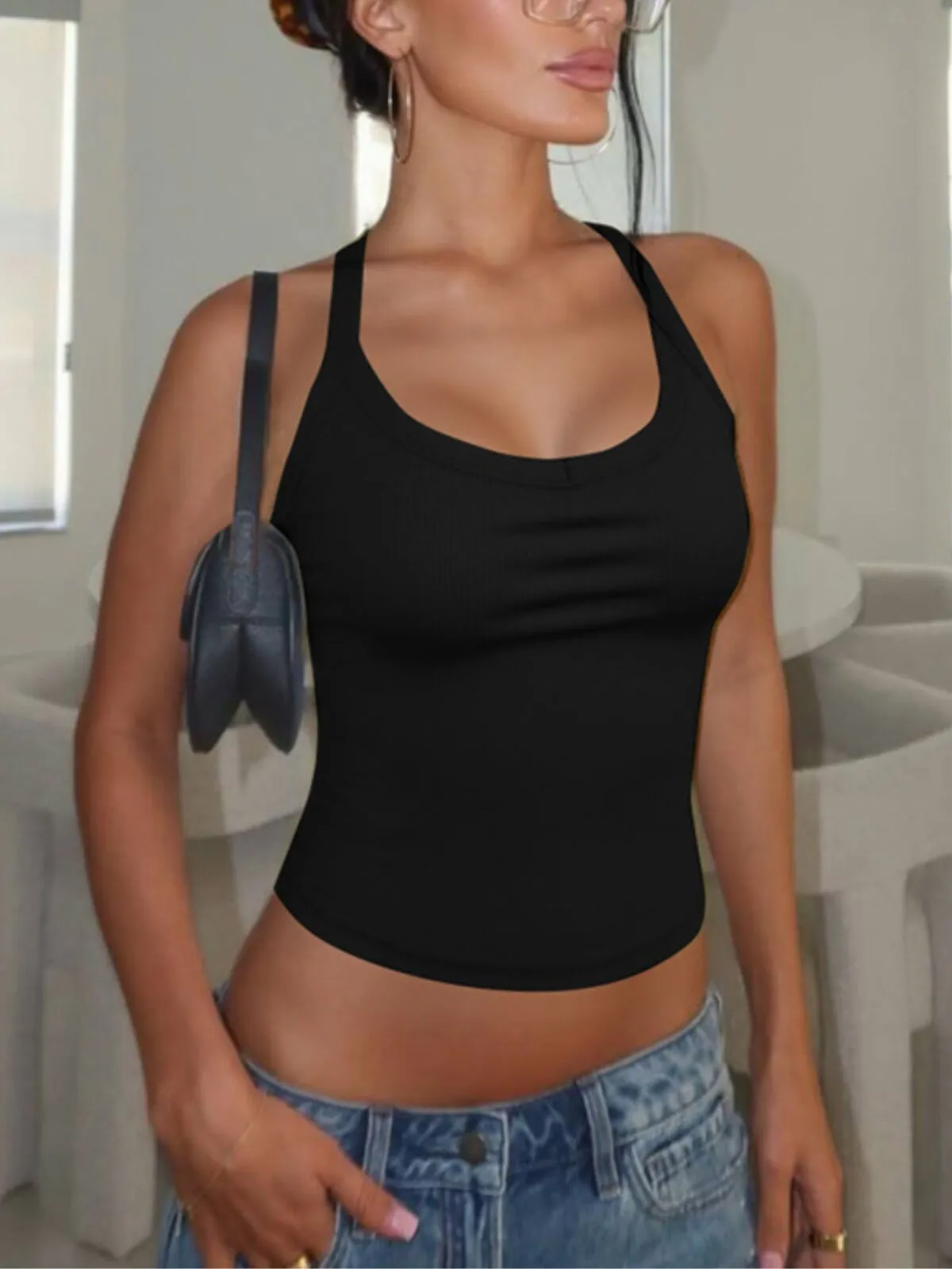 Solid Spaghetti Strap Ribbed Halter Neck Top for Daily Wear, 3 of 4
