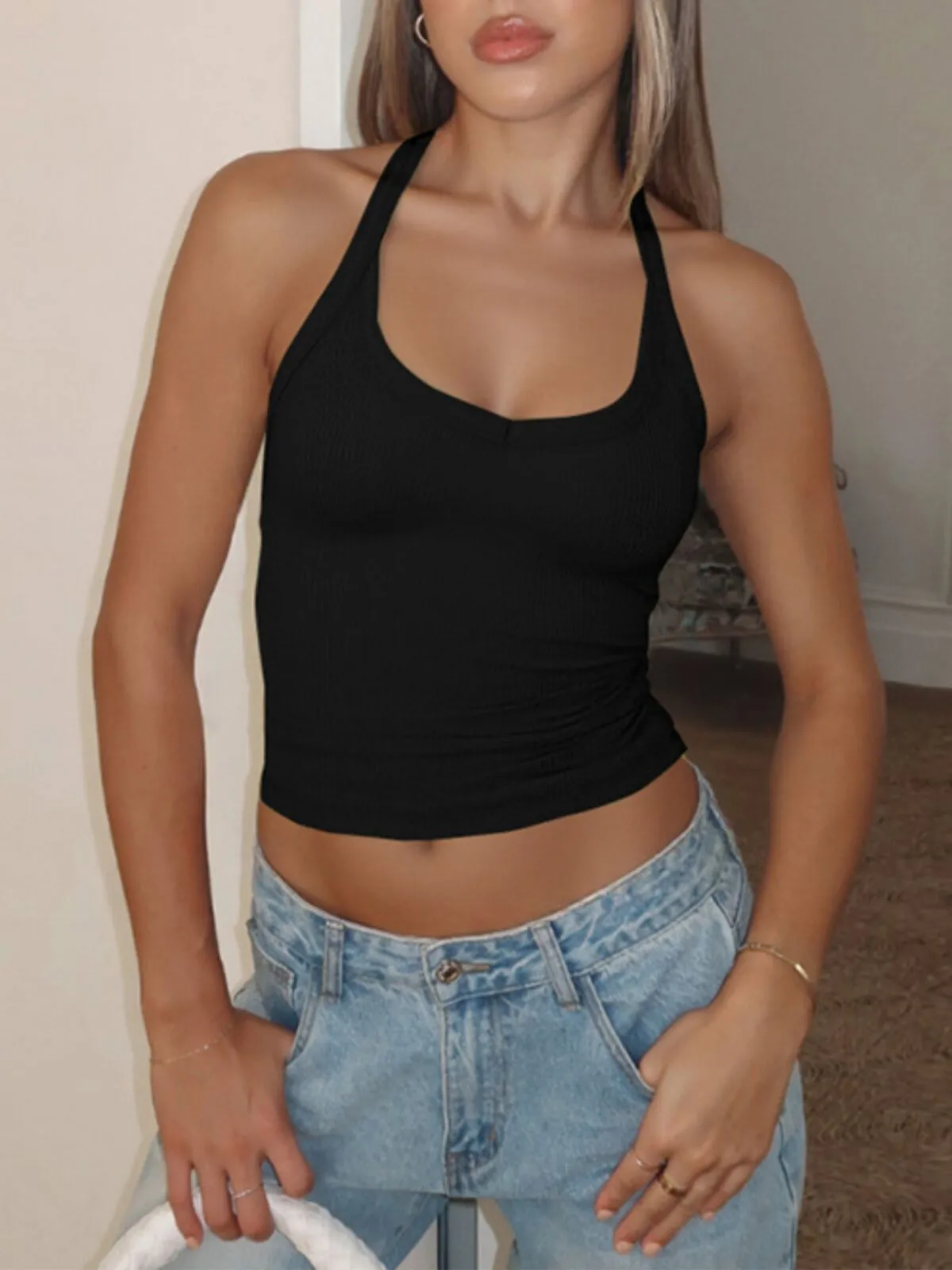 Solid Spaghetti Strap Ribbed Halter Neck Top for Daily Wear, 4 of 4