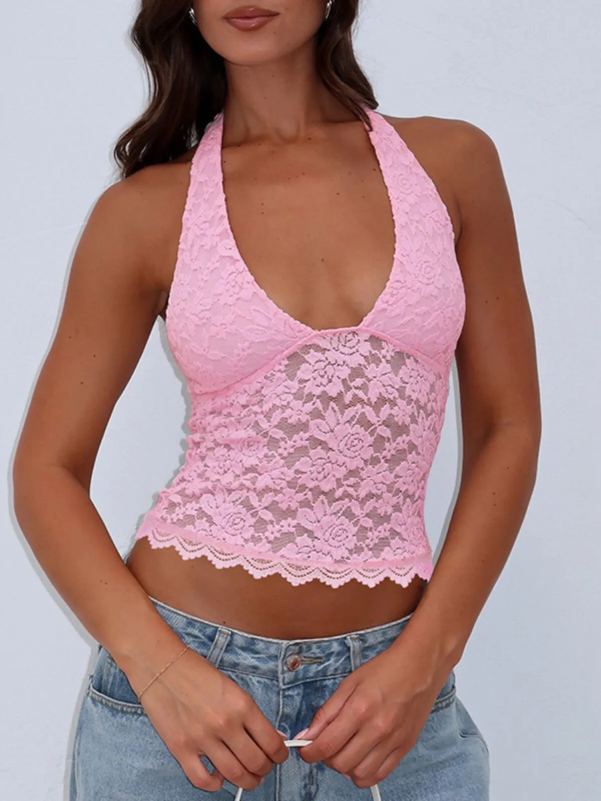 Solid Sheer Backless Halter Neck Top Slim Lace Cami, 1 of 4