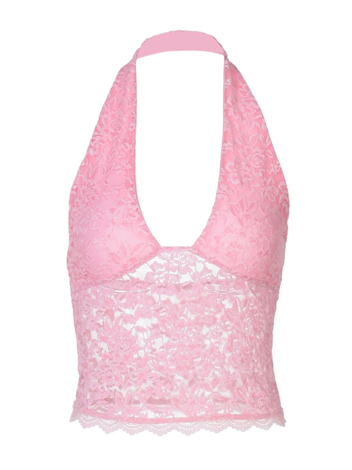 Solid Sheer Backless Halter Neck Top Slim Lace Cami, 4 of 4