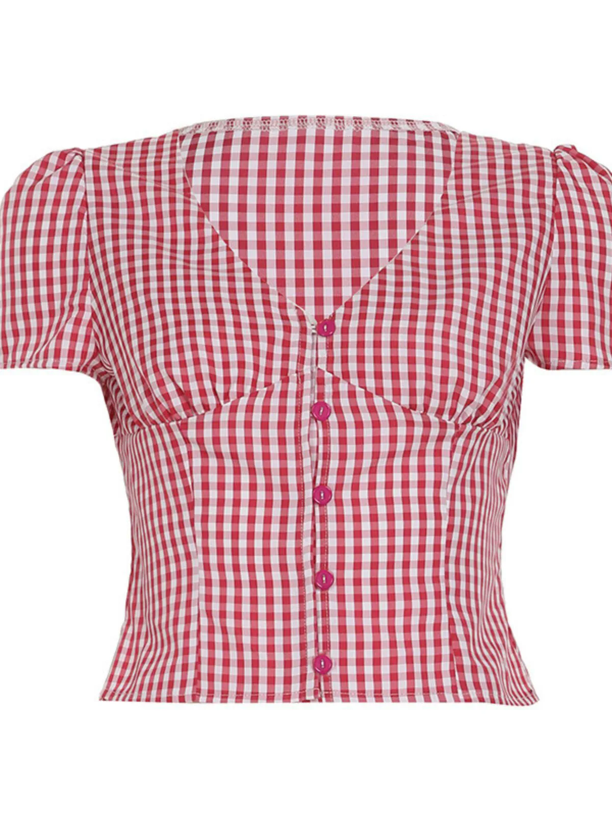 Gingham Plaid Print Button V-neck Casual Curved Hem Blouse, 3 of 7