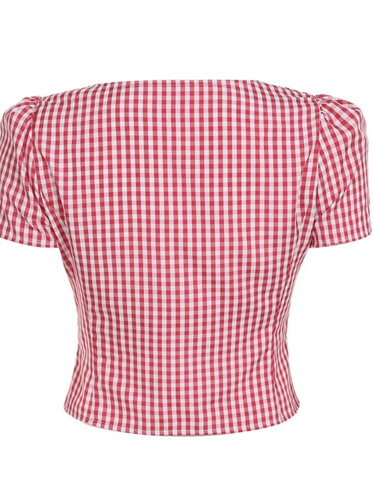 Gingham Plaid Print Button V-neck Casual Curved Hem Blouse, 4 of 7