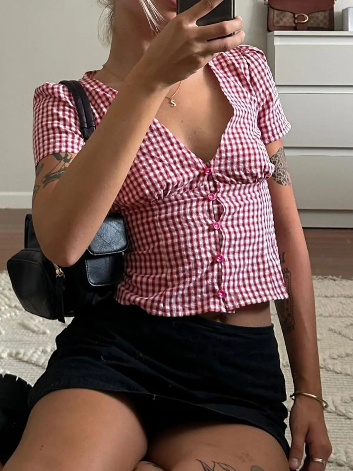 Gingham Plaid Print Button V-neck Casual Curved Hem Blouse, 5 of 7