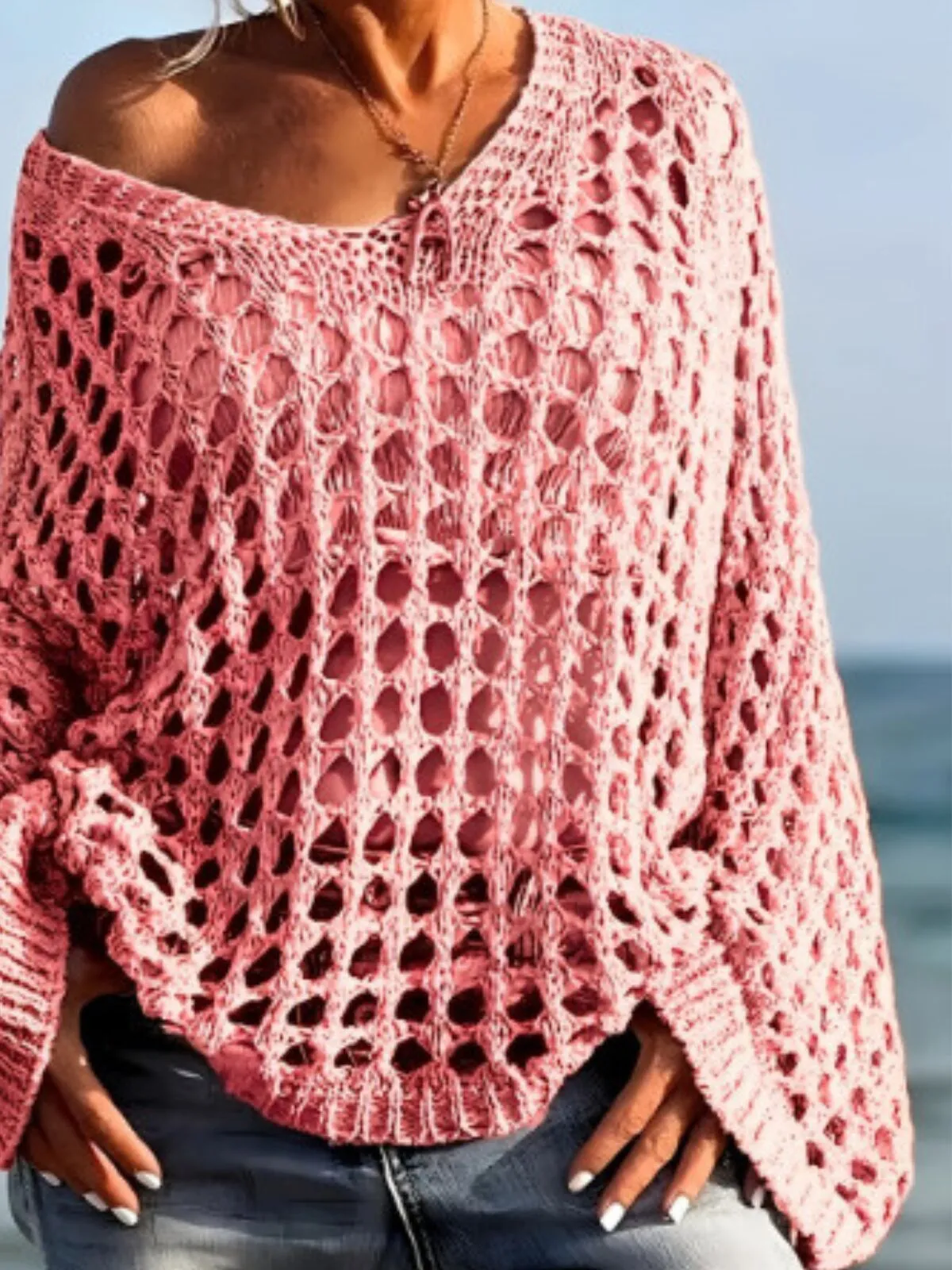 Solid Hollow Out V-neck Casual Loose-Fit Design Sweater, 2 of 4