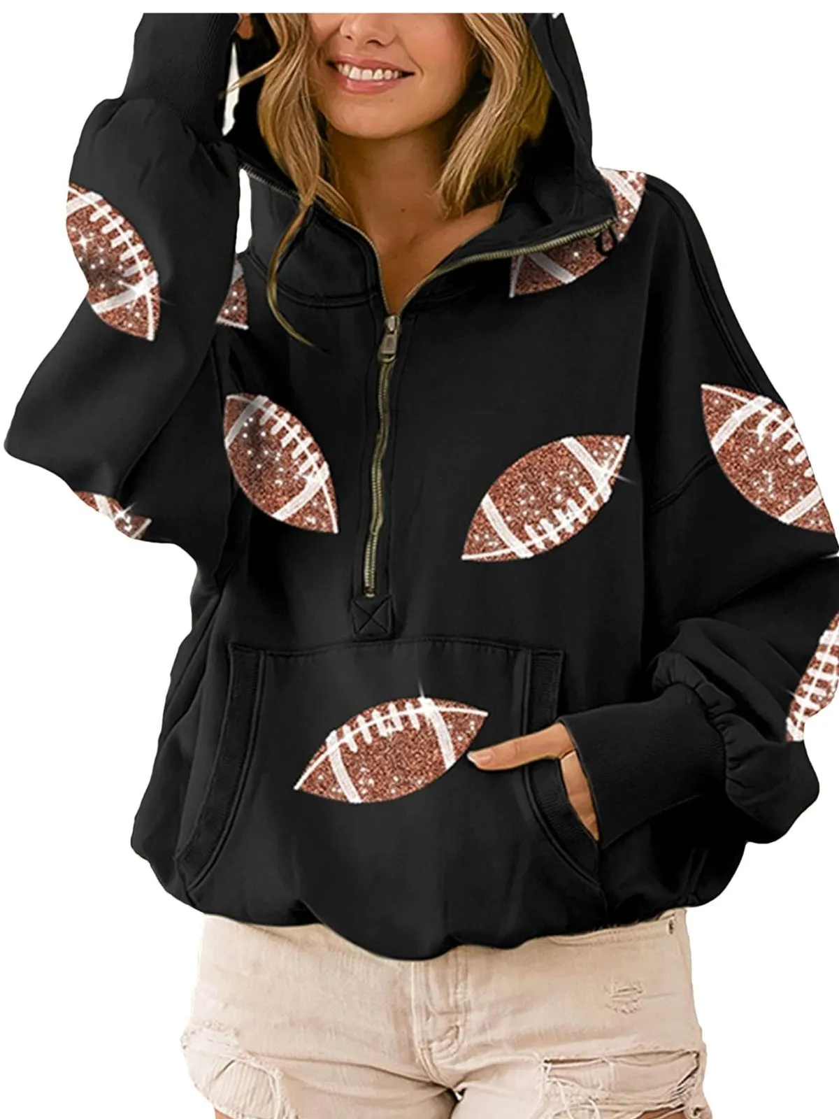 Ball Zipper Hooded Game Day Football Sequin Sweatshirt, 1 of 7