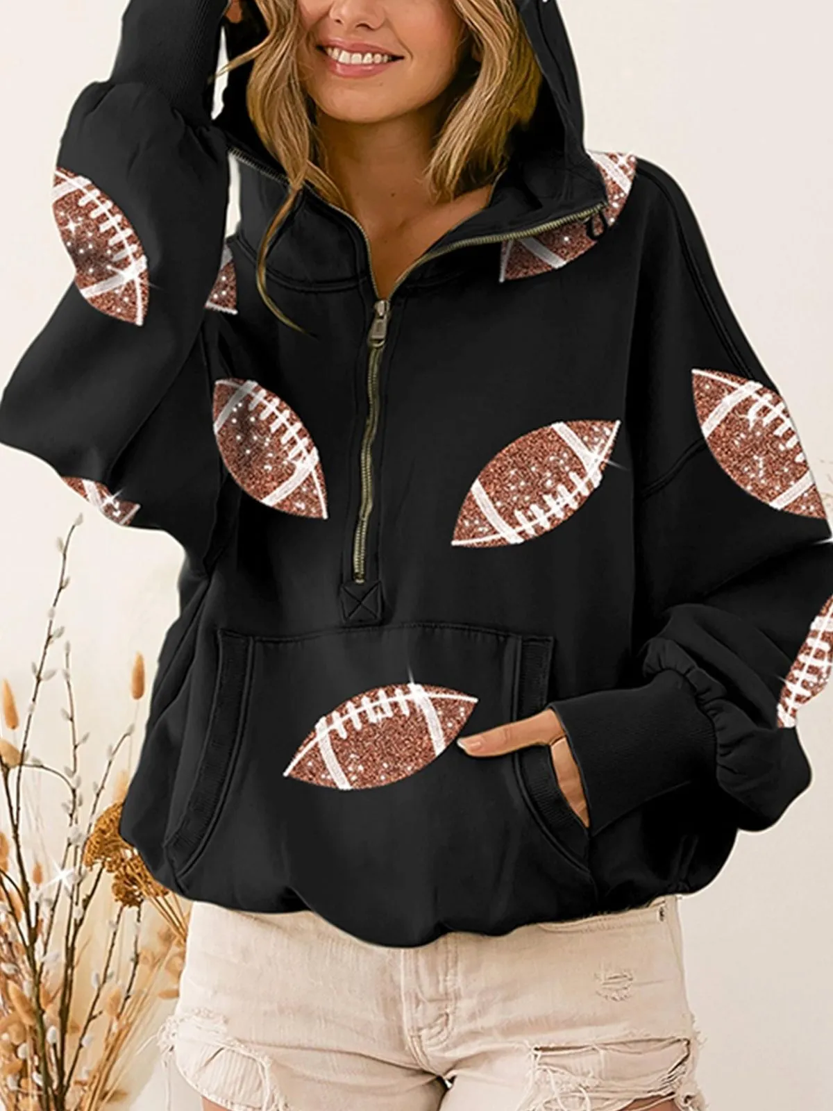 Ball Zipper Hooded Game Day Football Sequin Sweatshirt, 3 of 7