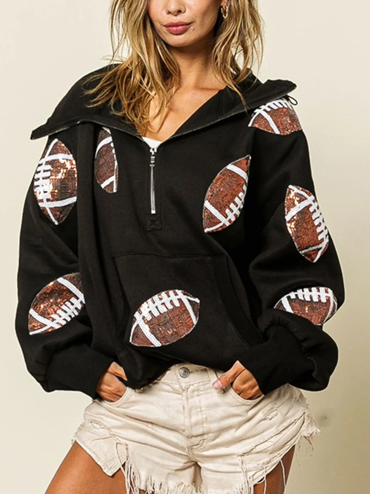 Ball Zipper Hooded Game Day Football Sequin Sweatshirt, 4 of 7