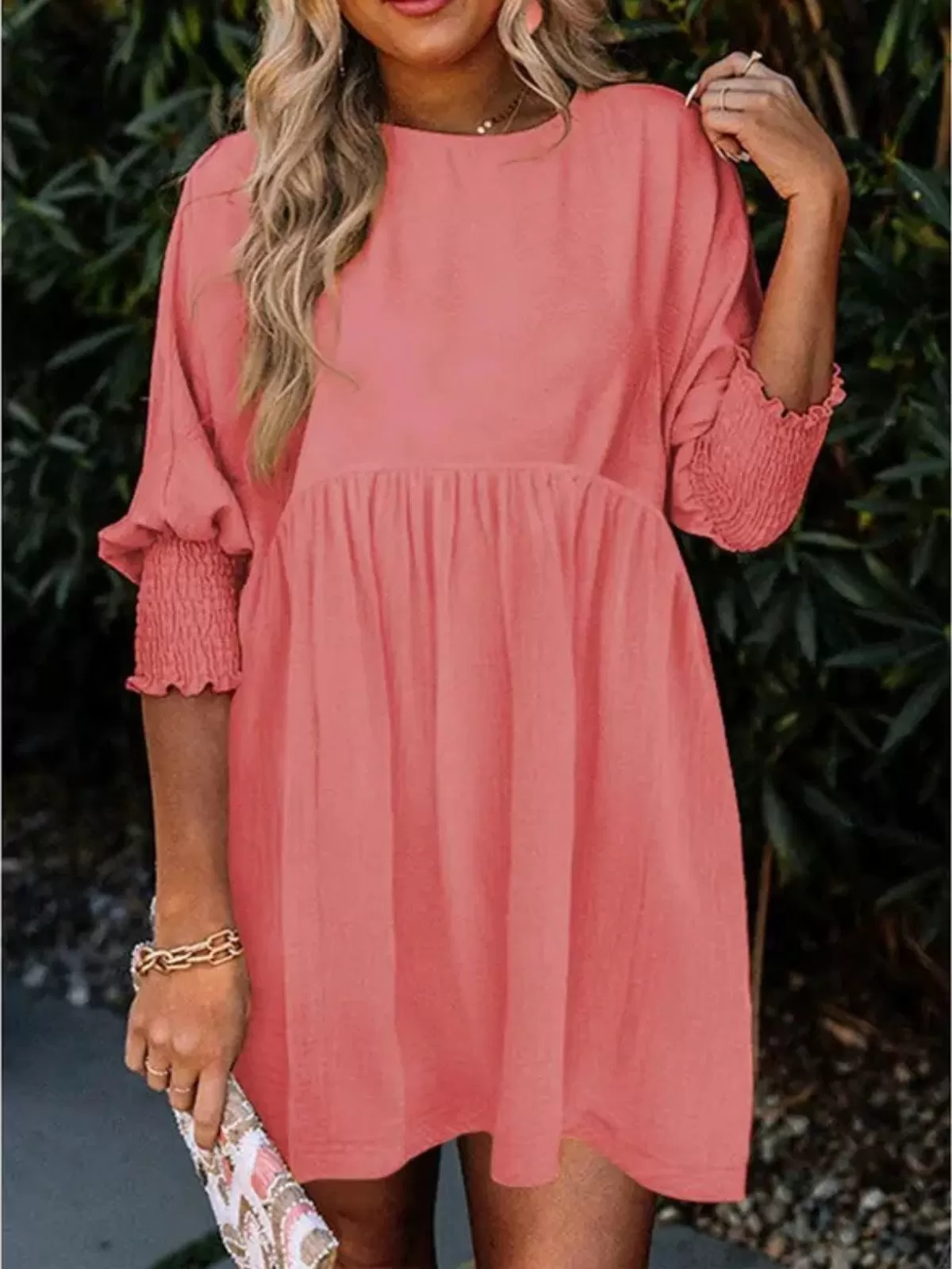 Solid Casual Loose Fit Short Sleeve Ruched Round Neck A-line Dress, 1 of 3