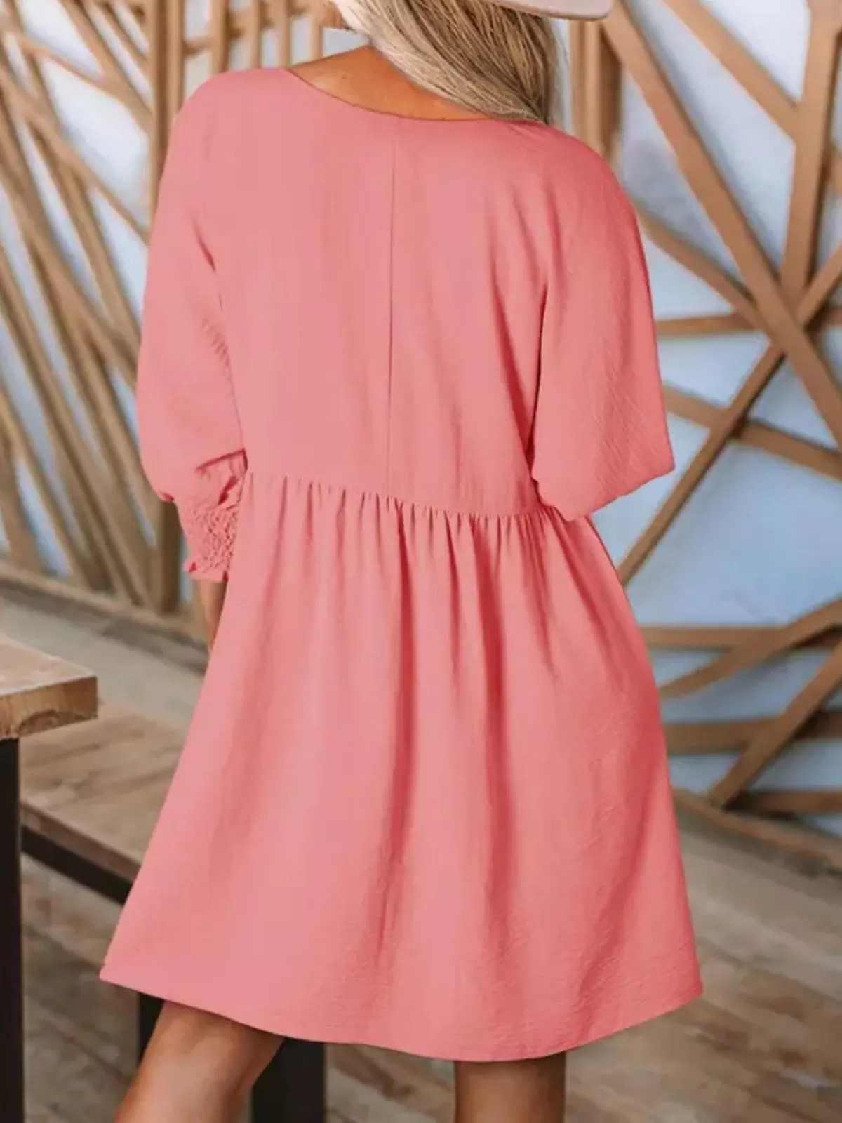 Solid Casual Loose Fit Short Sleeve Ruched Round Neck A-line Dress, 3 of 3