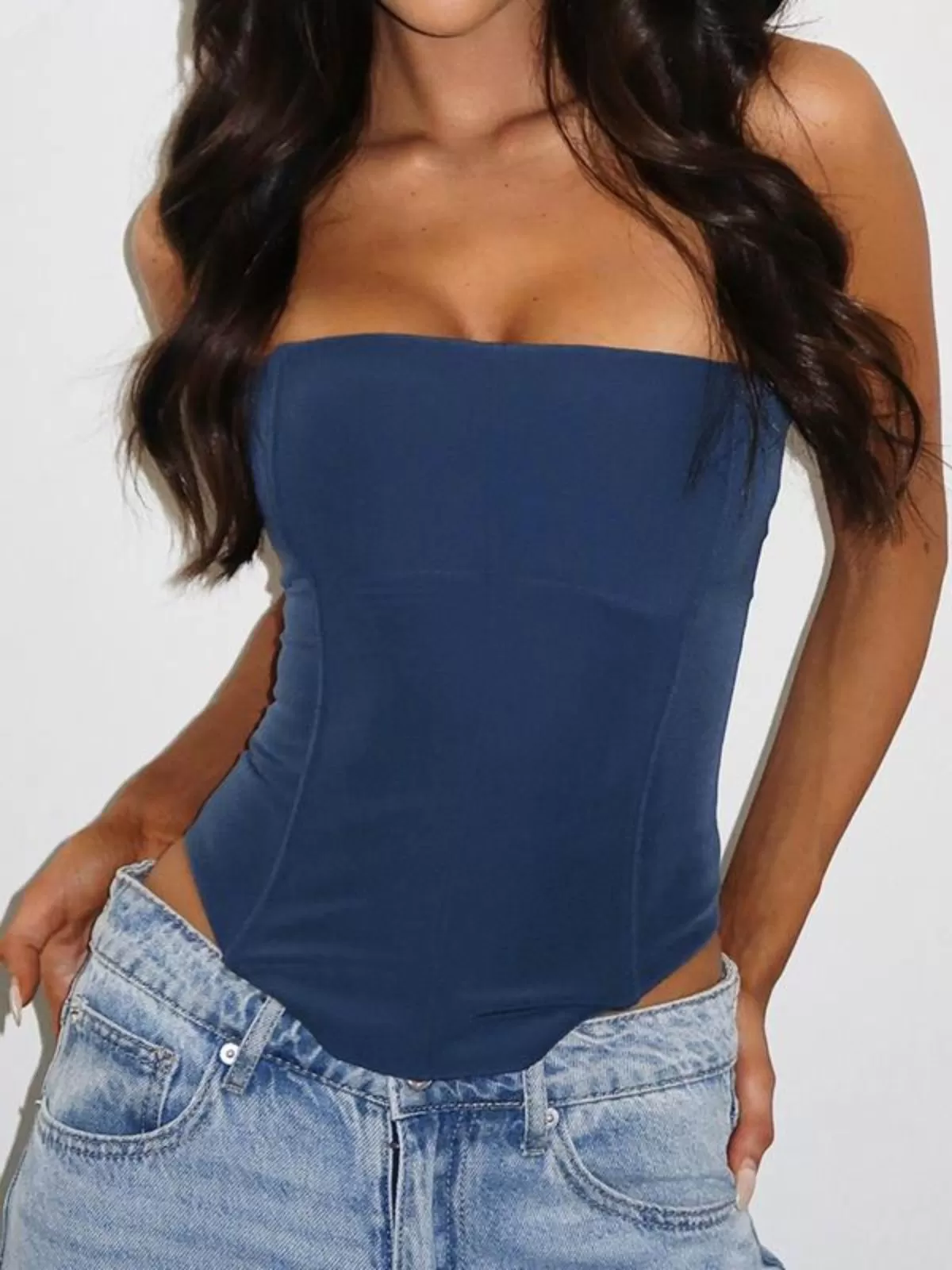 Solid Tie Back High Low Hem Strapless Corset Tube Top, 1 of 1