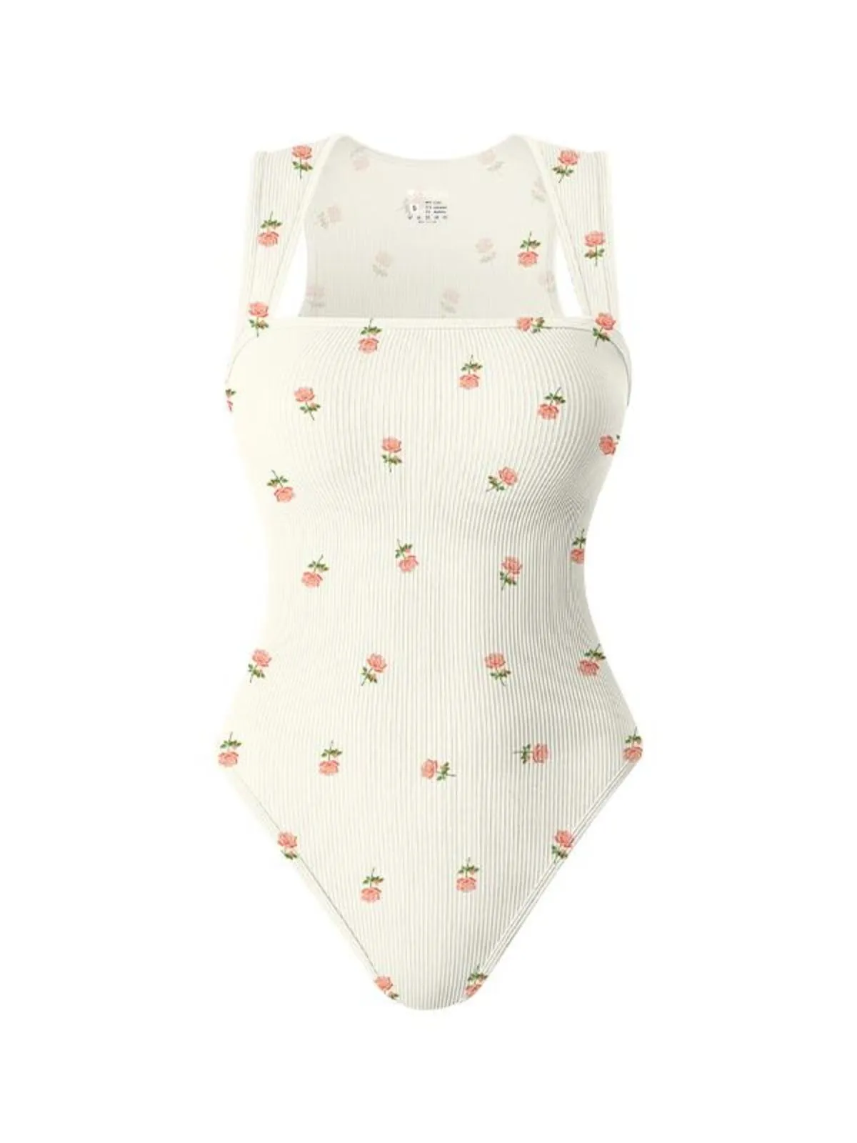 Floral Rose Print Sexy Soft Square Neck Design Stretchy Ribbed Bodysuit, 1 of 14