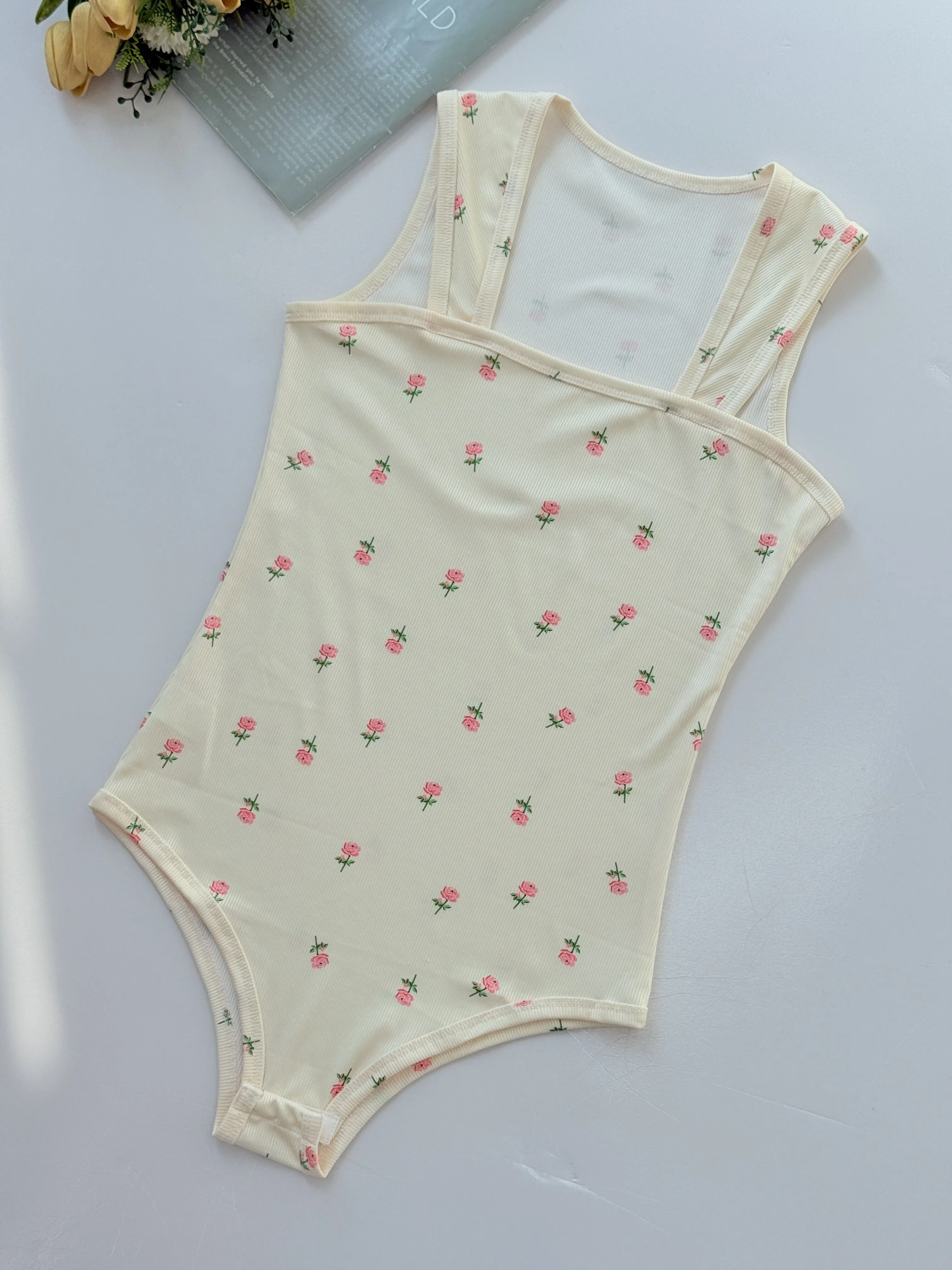 Floral Rose Print Sexy Soft Square Neck Design Stretchy Ribbed Bodysuit, 12 of 14