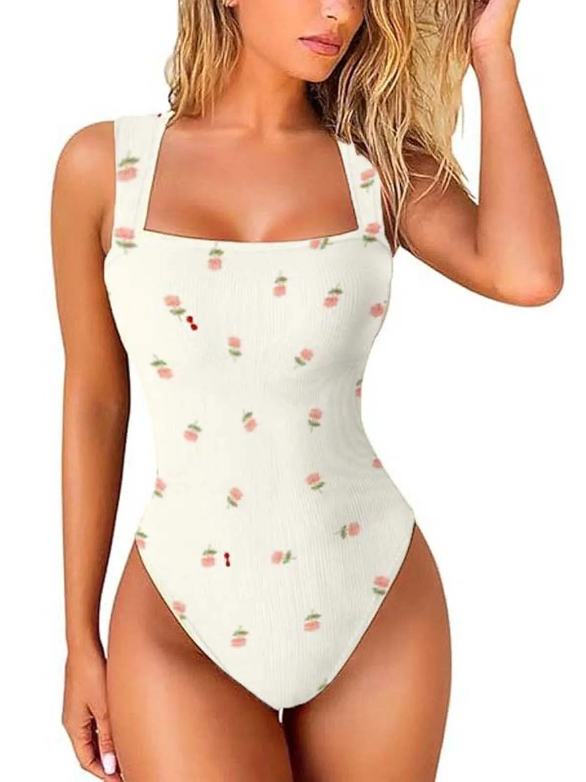 Floral Rose Print Sexy Soft Square Neck Design Stretchy Ribbed Bodysuit, 2 of 14