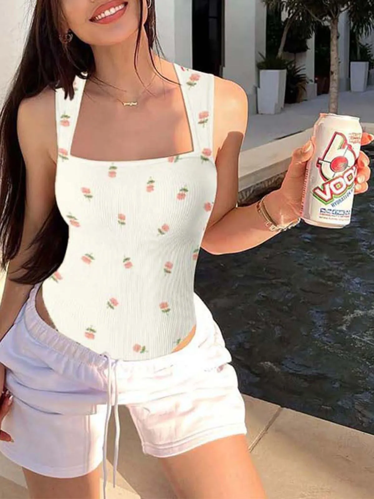 Floral Rose Print Sexy Soft Square Neck Design Stretchy Ribbed Bodysuit, 3 of 14