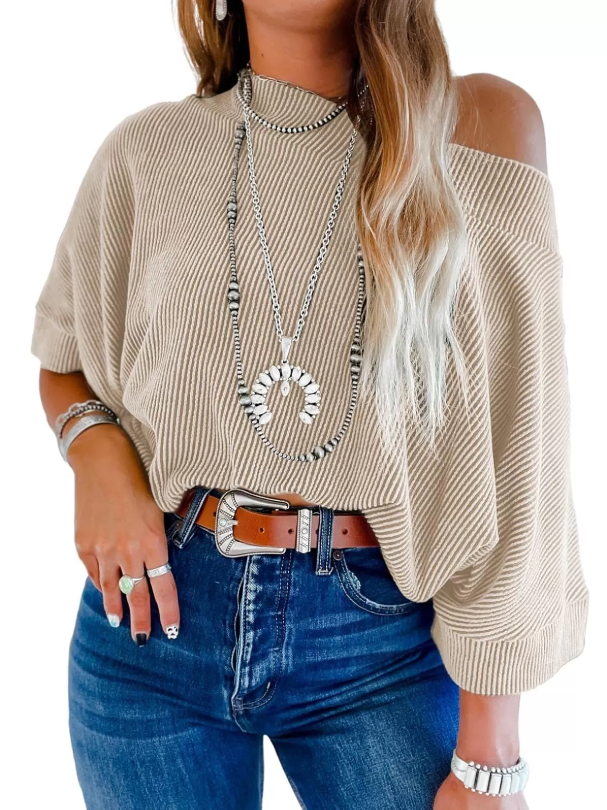 Striped Slashed Batwing Sleeve Casual Half Sleeve Knitted T-shirt, 1 of 4