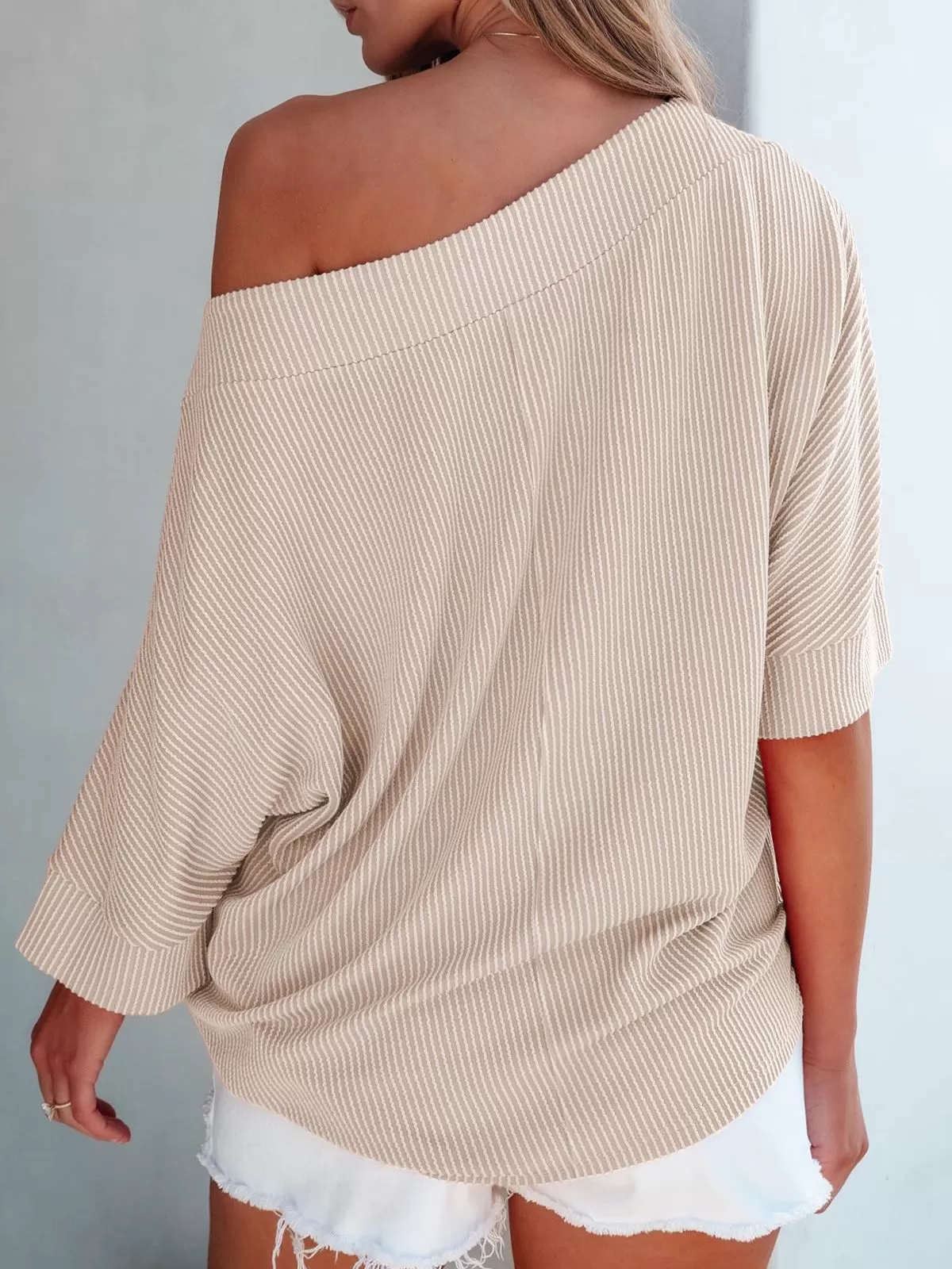 Striped Slashed Batwing Sleeve Casual Half Sleeve Knitted T-shirt, 2 of 4