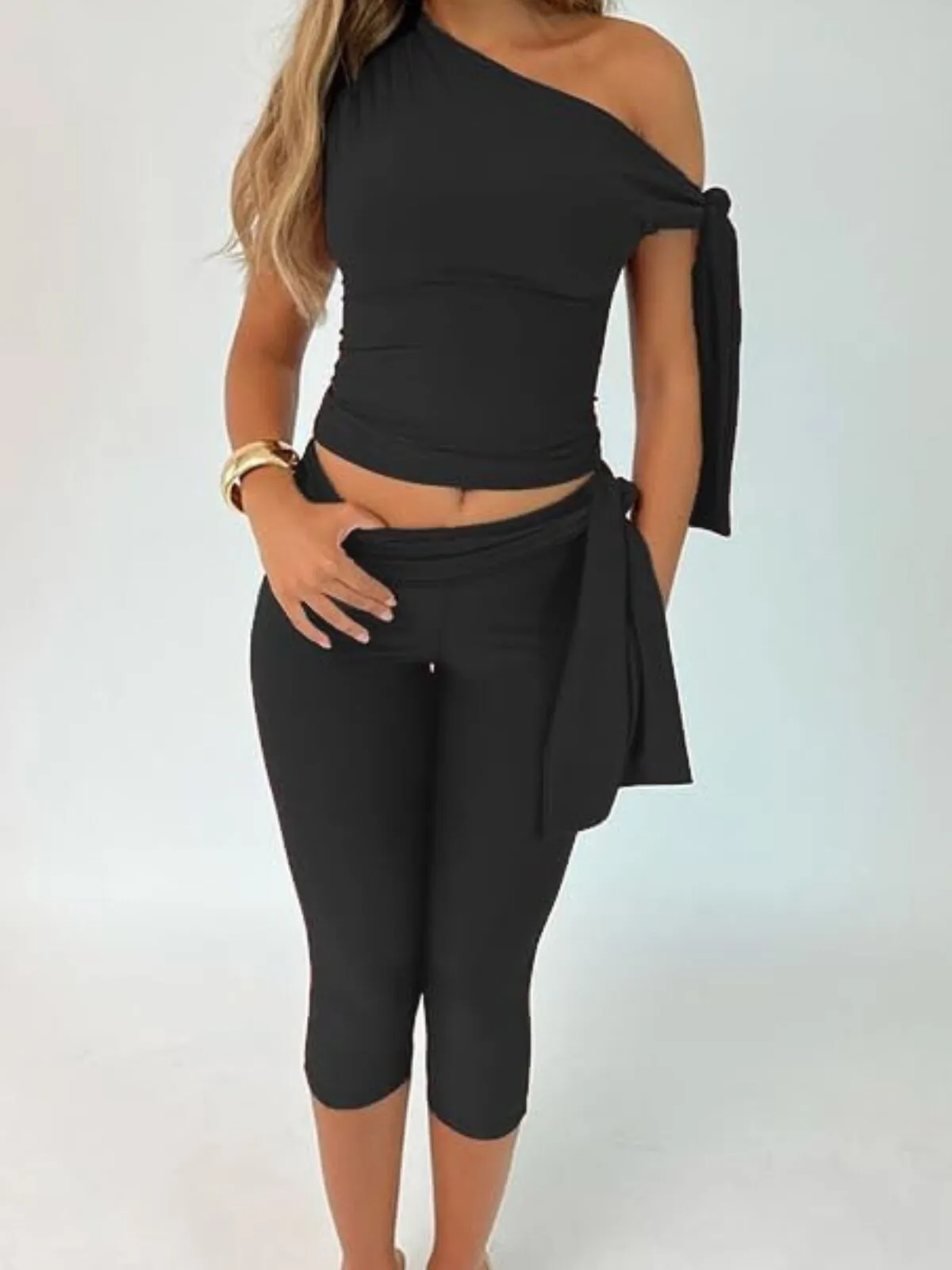 Solid Elegant Fashion Ruched Off Shoulder Asymmetrical Neck Knot Design Top & High Waist Capri Skinny Pants, 3 of 3