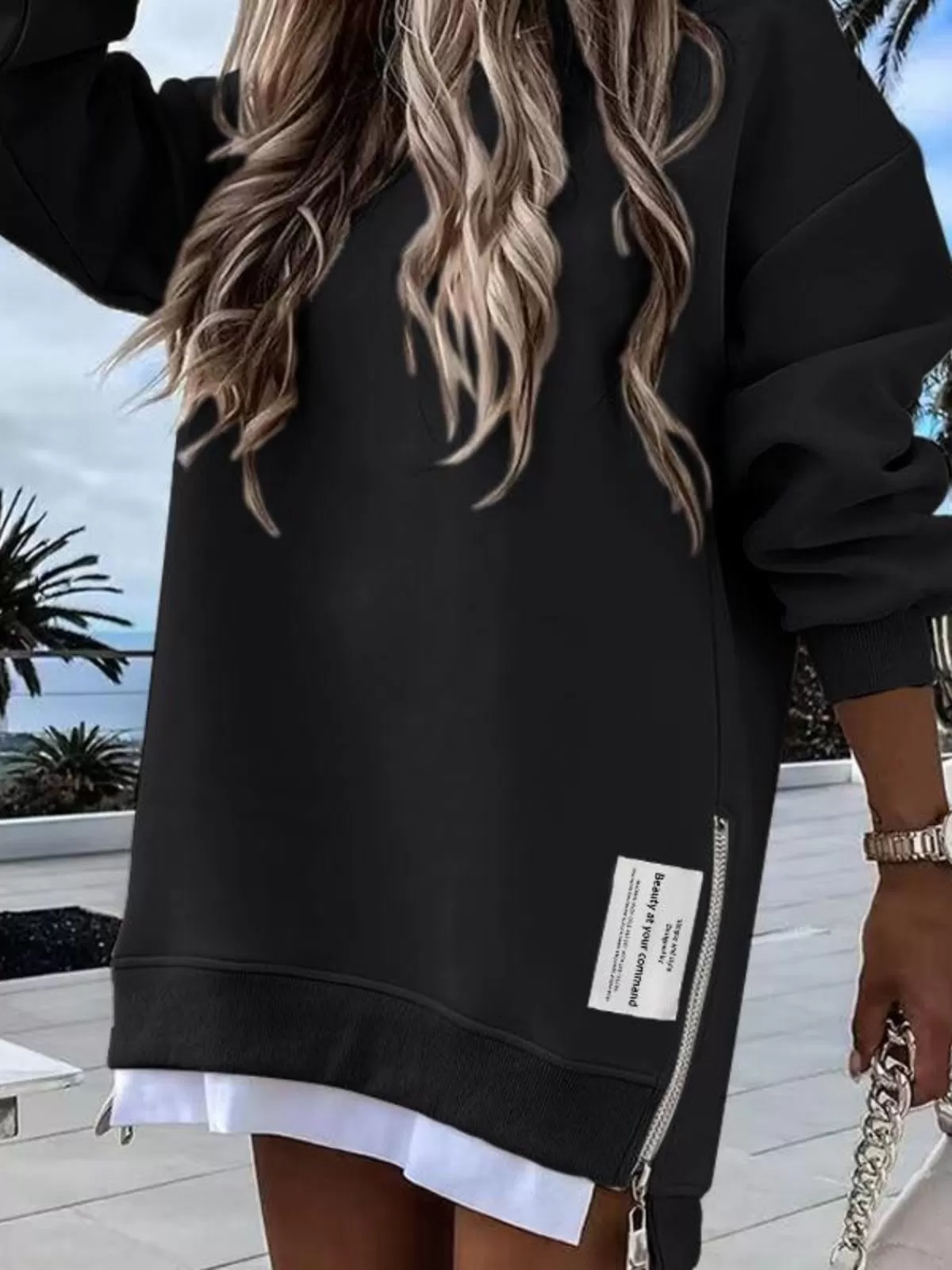 Solid Round Neck Zipper Slit Casual Pullover Drop Shoulder Sweatshirt, 1 of 3