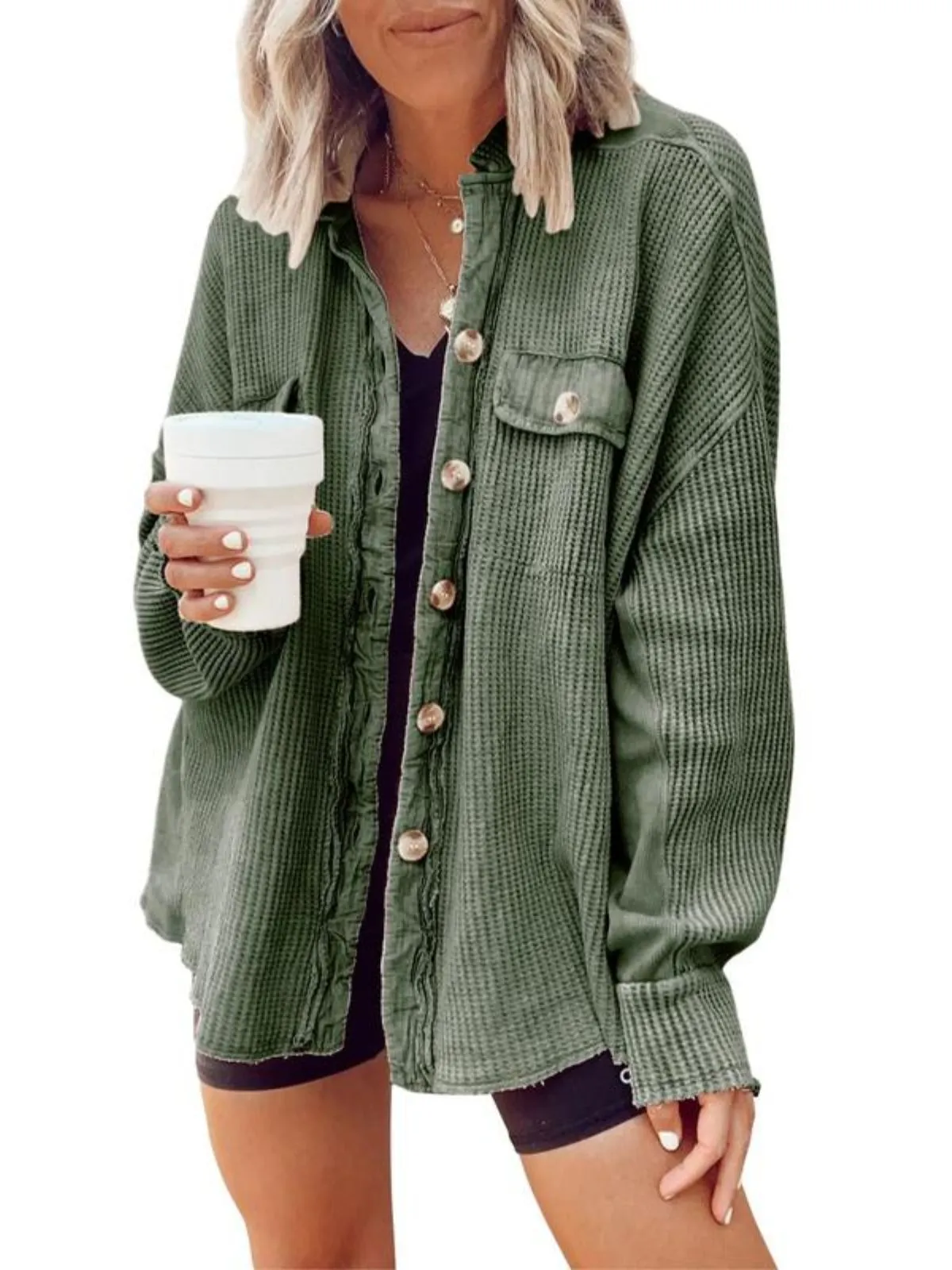 Solid Lapel Loose Fit Batwing Sleeve Waffle Knit Button Down Coat, 1 of 4