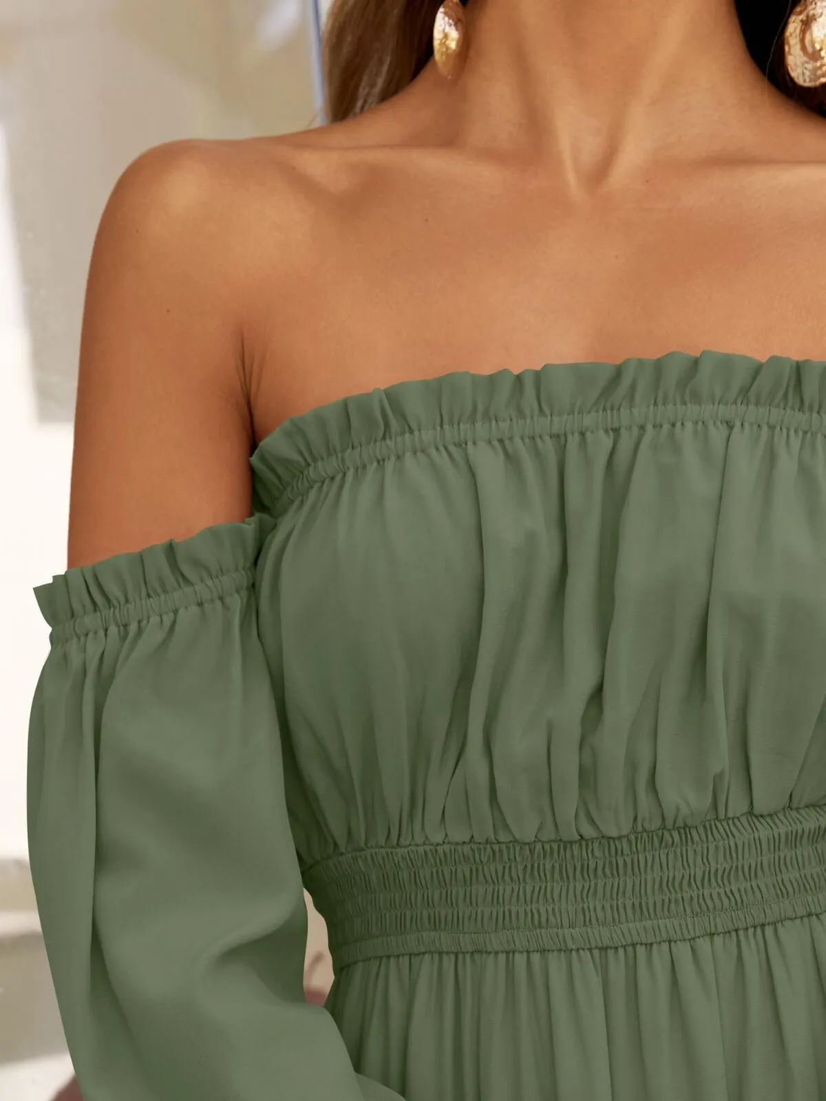 Solid Elegant Off Shoulder Long Sleeve Ruffles Lapel Split A-line Dress, 3 of 5