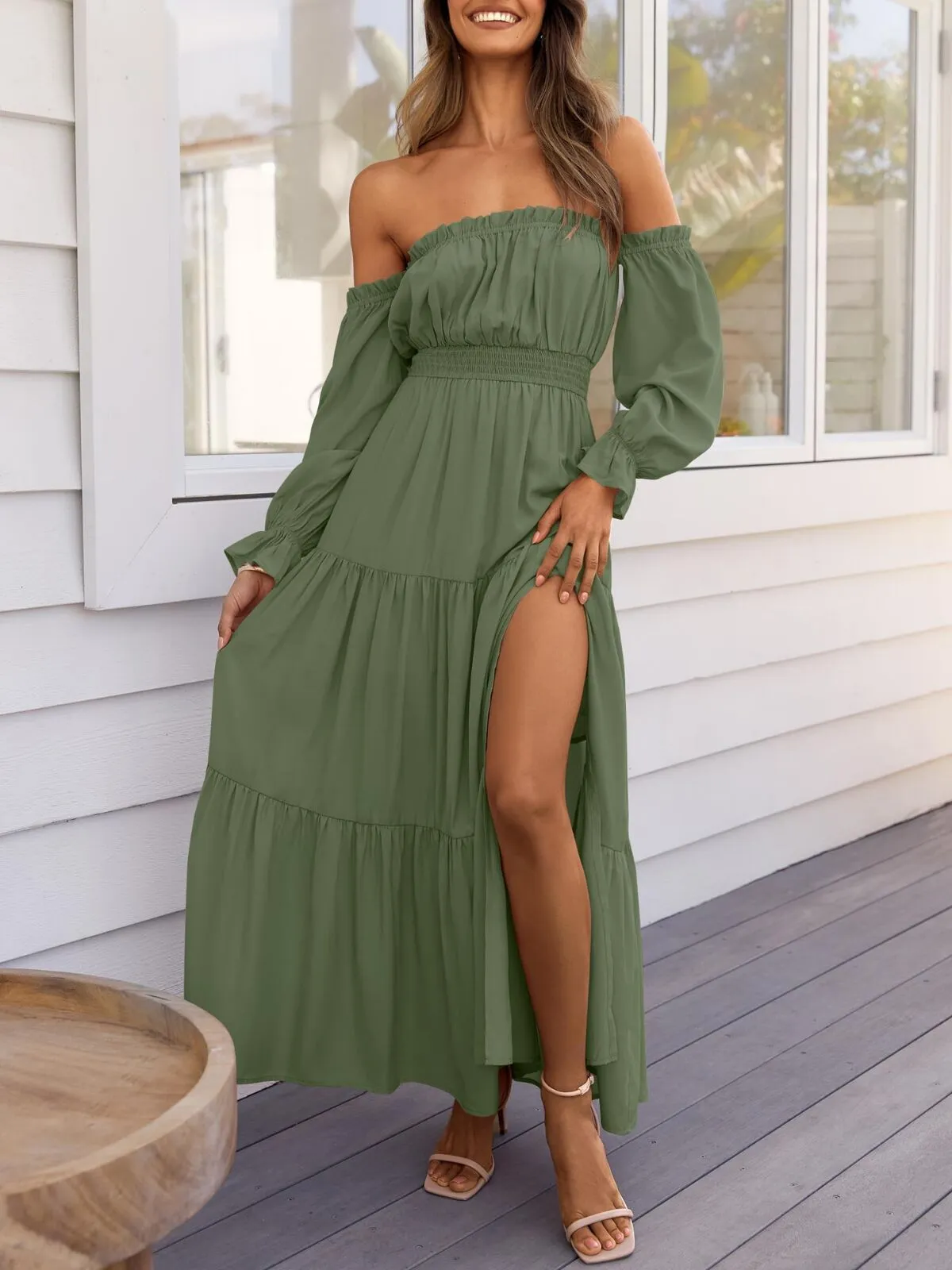 Solid Elegant Off Shoulder Long Sleeve Ruffles Lapel Split A-line Dress, 4 of 5