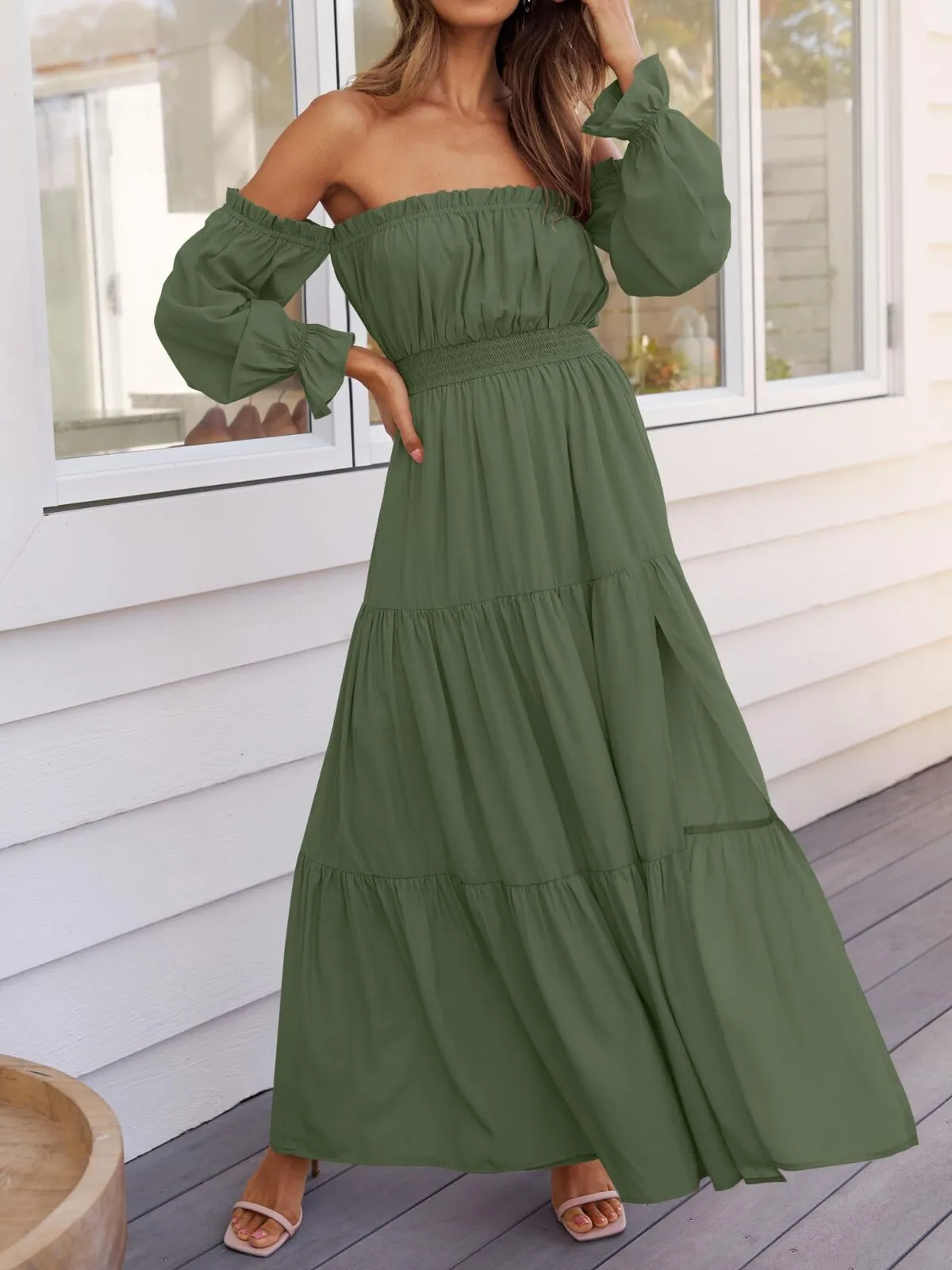 Solid Elegant Off Shoulder Long Sleeve Ruffles Lapel Split A-line Dress, 5 of 5