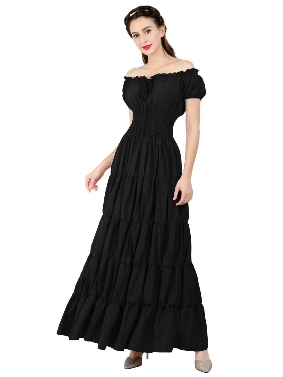 Solid Halloween Renaissance Costume Medieval Irish Under Dress Retro Gown Wench Peasant Smocked Waist Long Dresses Off Shoulder Puff A-line Dress, 1 of 7