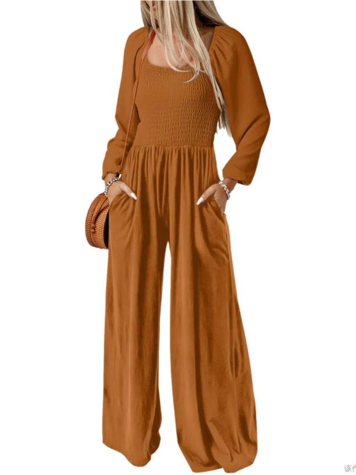 Solid Casual Loose With Pockets High Rise Wide Leg Long Jumpsuits, 1 of 1