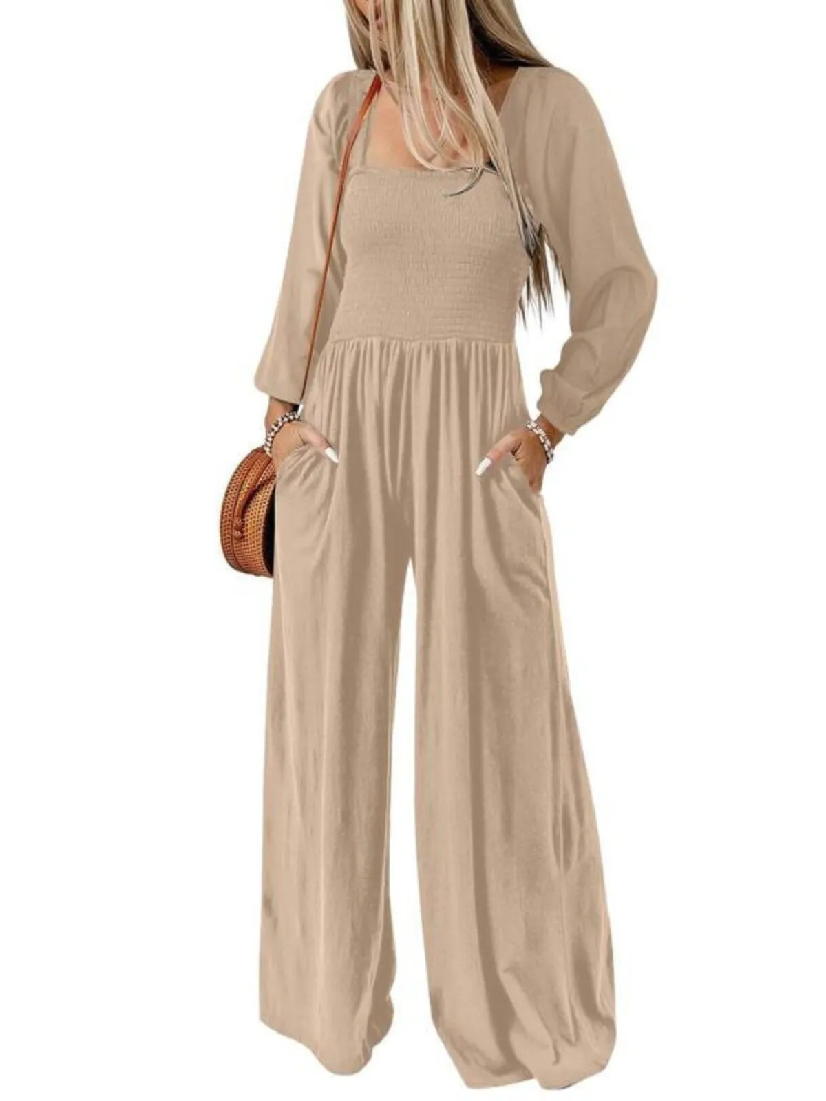 Solid Casual Loose With Pockets High Rise Wide Leg Long Jumpsuits, 1 of 1