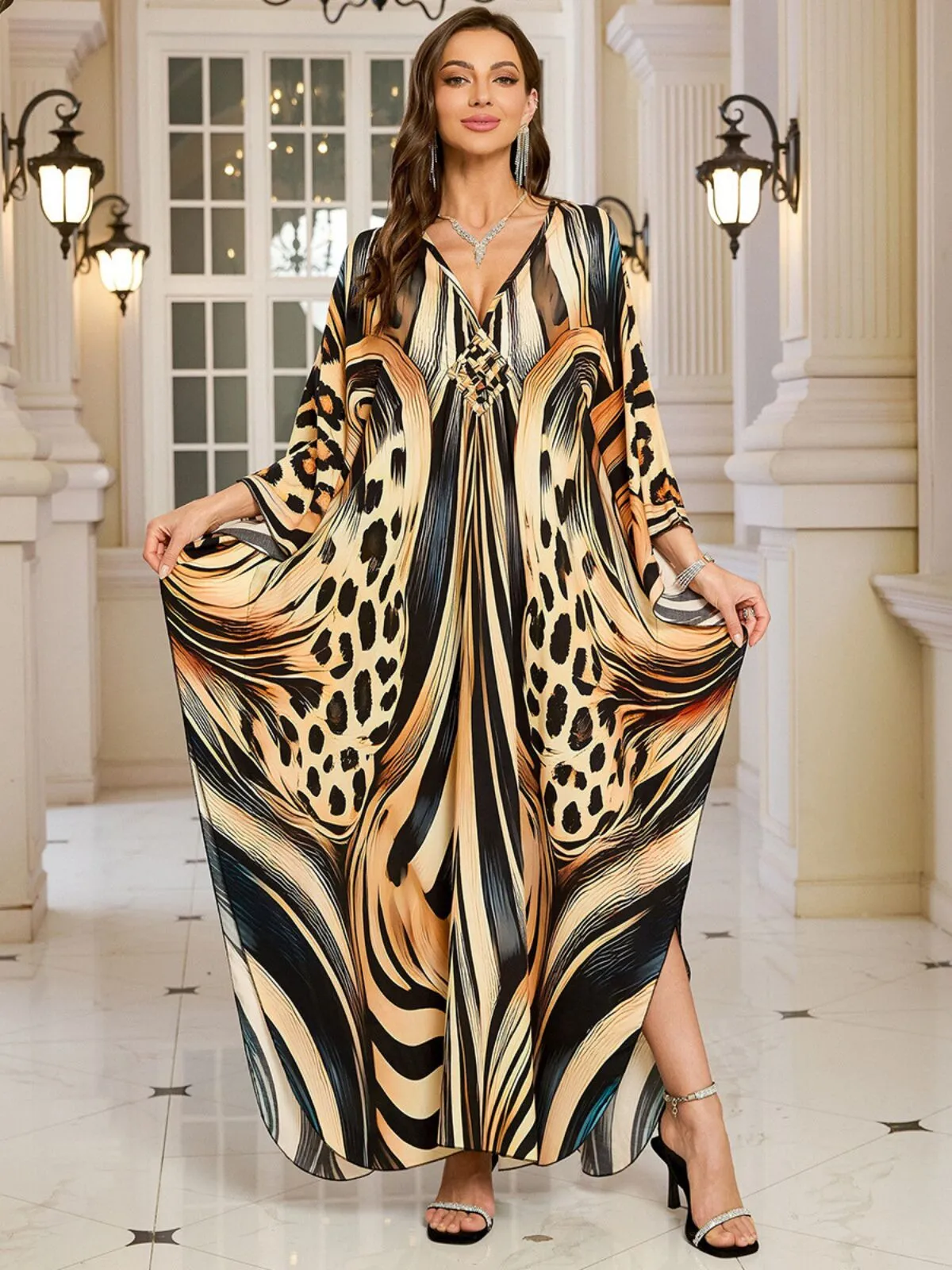 Floral Bohemian Deep V Neck Batwing Kaftan Dress for Beach Vacation Holiday, 3 of 4