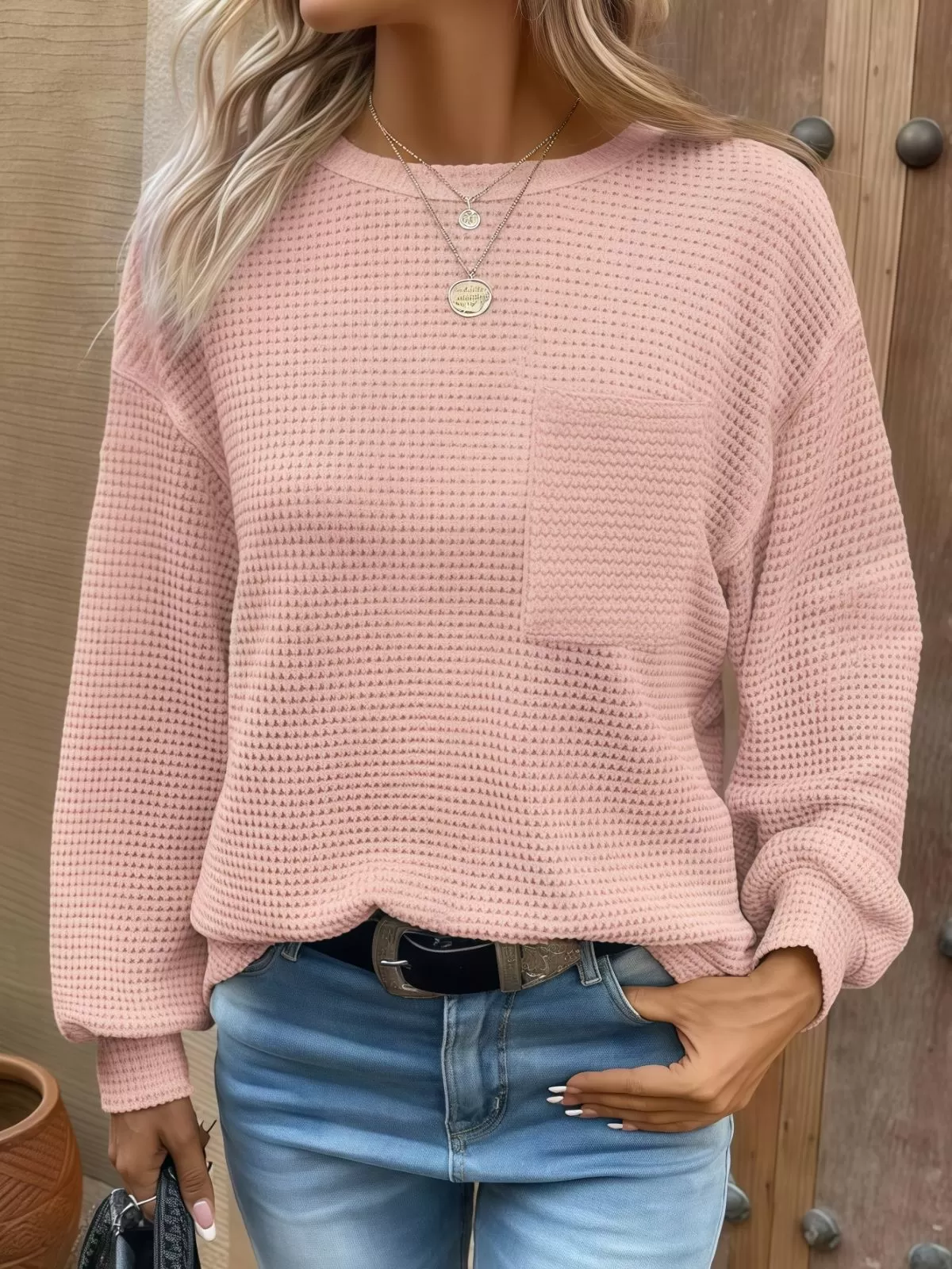 Solid Pocket Round Neck Waffle Knit Business Casual Blouses Basic Shirts, 1 of 5