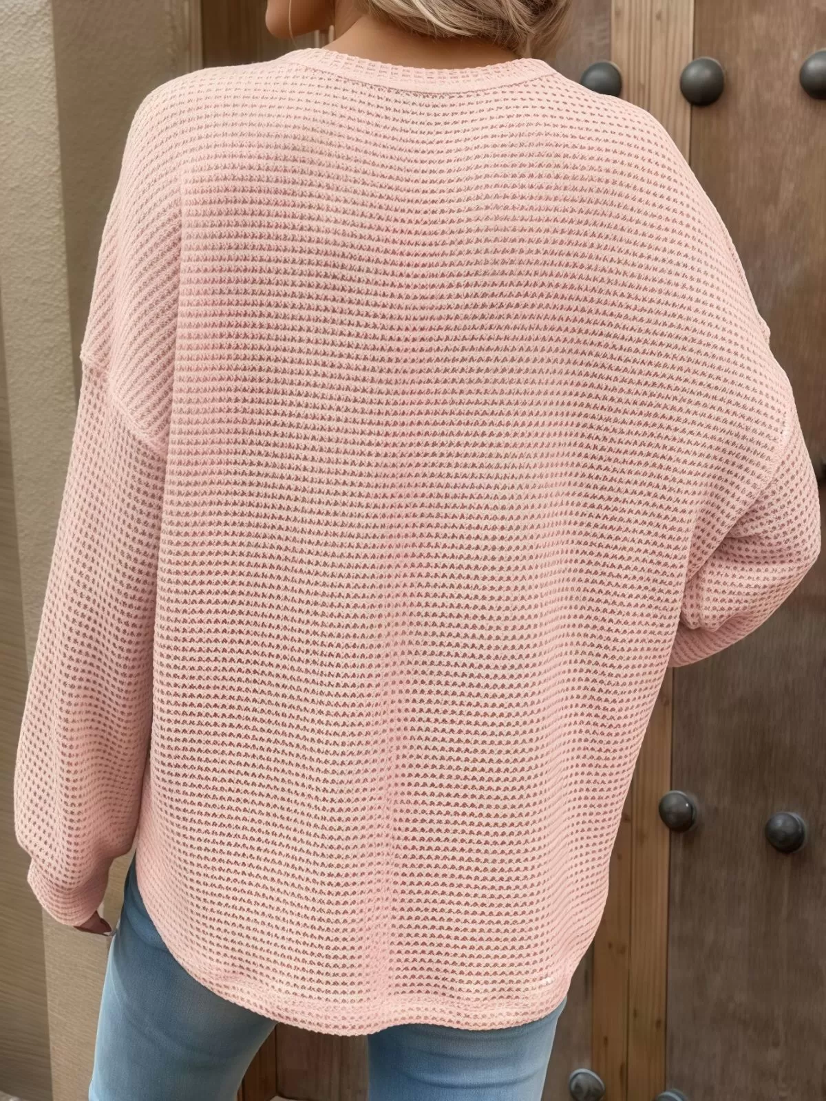 Solid Pocket Round Neck Waffle Knit Business Casual Blouses Basic Shirts, 2 of 5