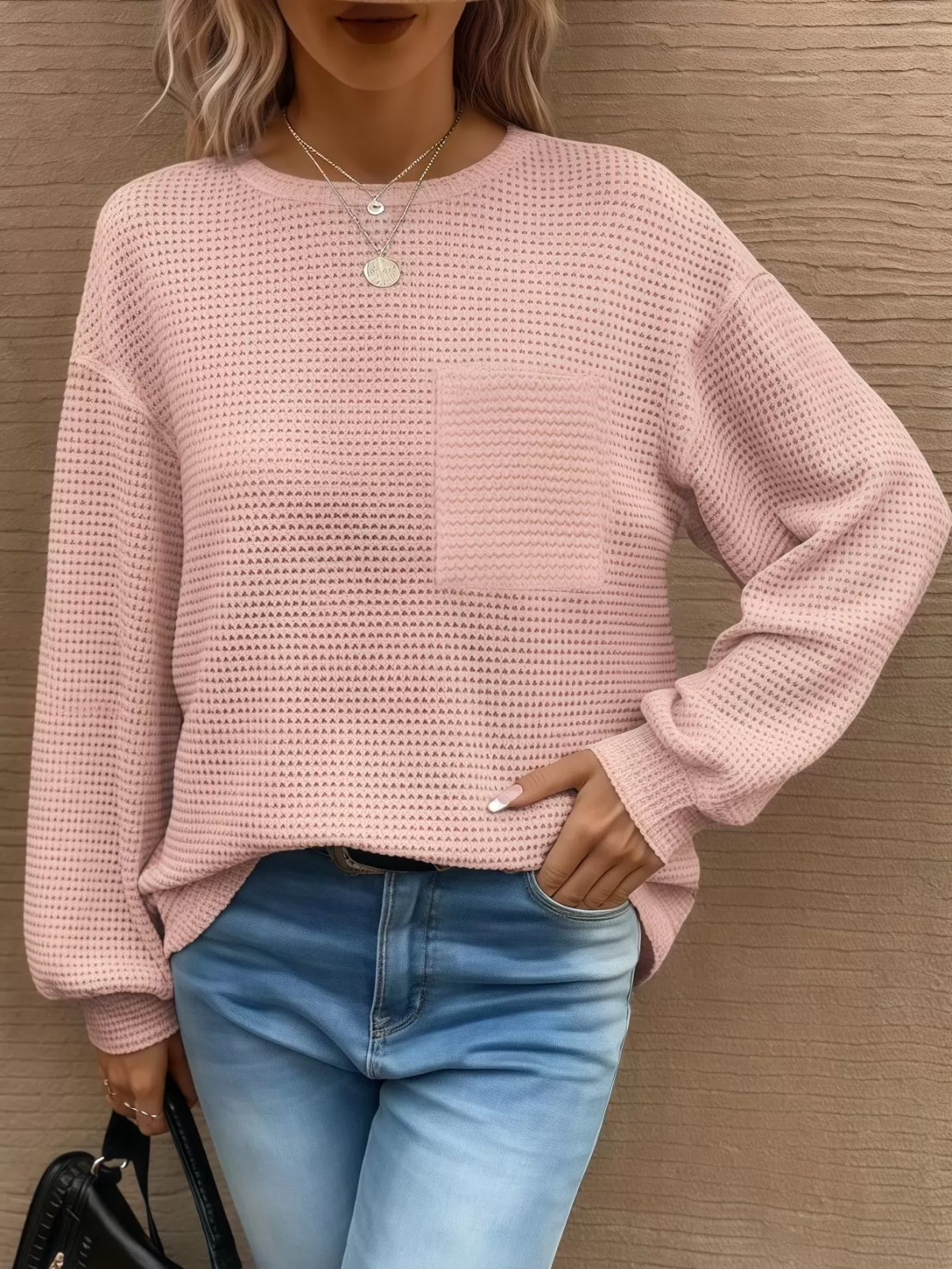 Solid Pocket Round Neck Waffle Knit Business Casual Blouses Basic Shirts, 3 of 5