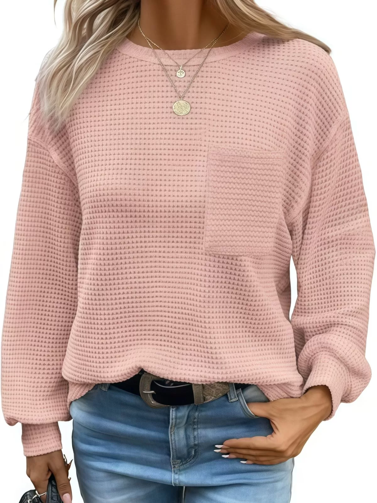 Solid Pocket Round Neck Waffle Knit Business Casual Blouses Basic Shirts, 4 of 5