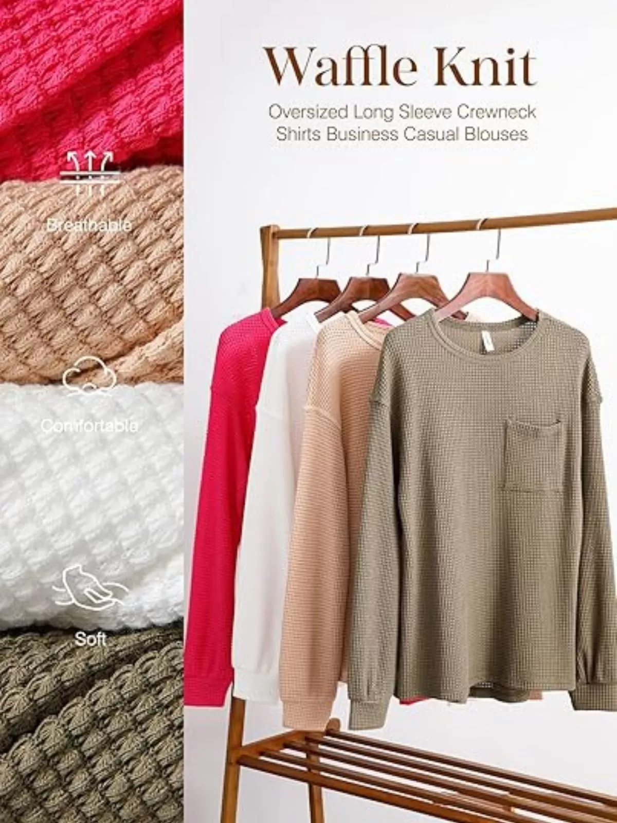 Solid Pocket Round Neck Waffle Knit Business Casual Blouses Basic Shirts, 5 of 5