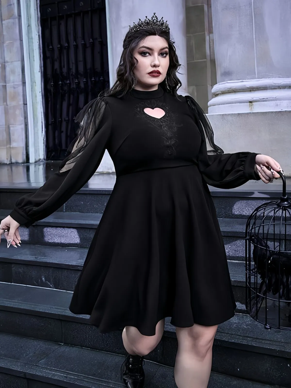 Solid Dark Style Halloween Hollow Out Round Neck Mesh Long Sleeve A-line Dress, 1 of 8