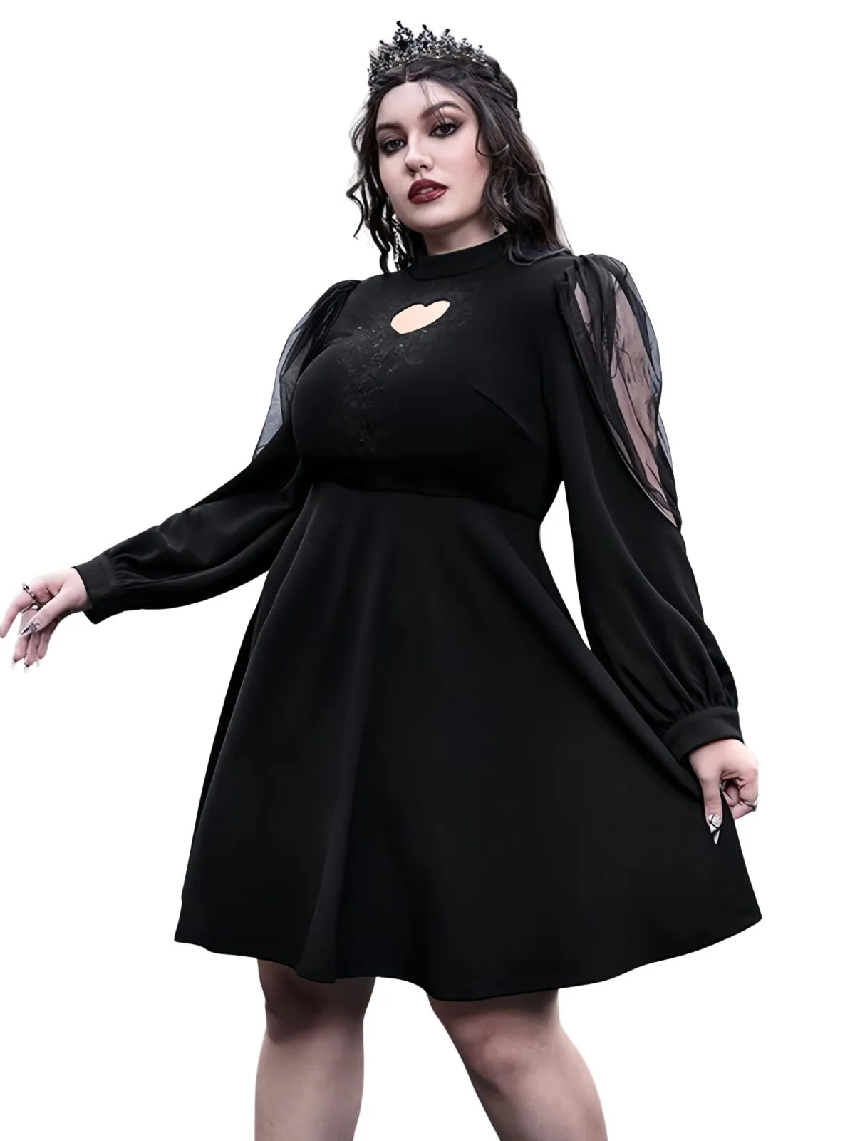 Solid Dark Style Halloween Hollow Out Round Neck Mesh Long Sleeve A-line Dress, 2 of 8