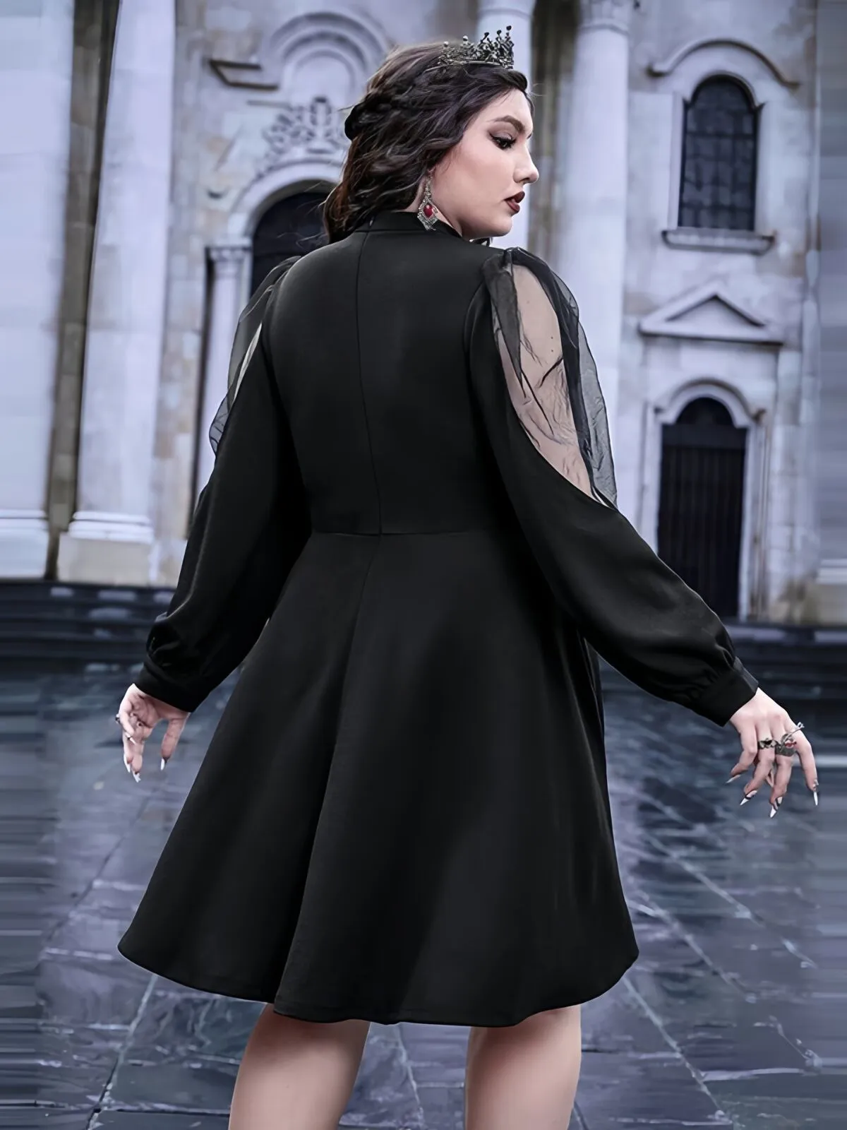 Solid Dark Style Halloween Hollow Out Round Neck Mesh Long Sleeve A-line Dress, 3 of 8