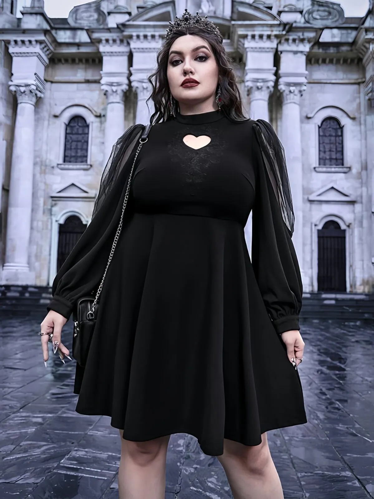 Solid Dark Style Halloween Hollow Out Round Neck Mesh Long Sleeve A-line Dress, 5 of 8