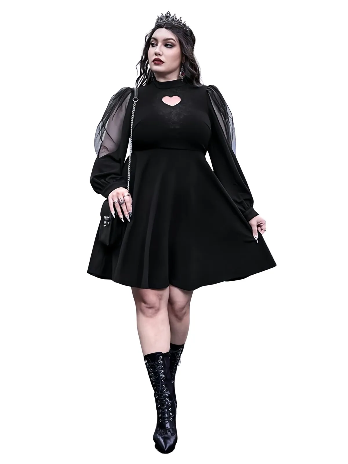 Solid Dark Style Halloween Hollow Out Round Neck Mesh Long Sleeve A-line Dress, 8 of 8