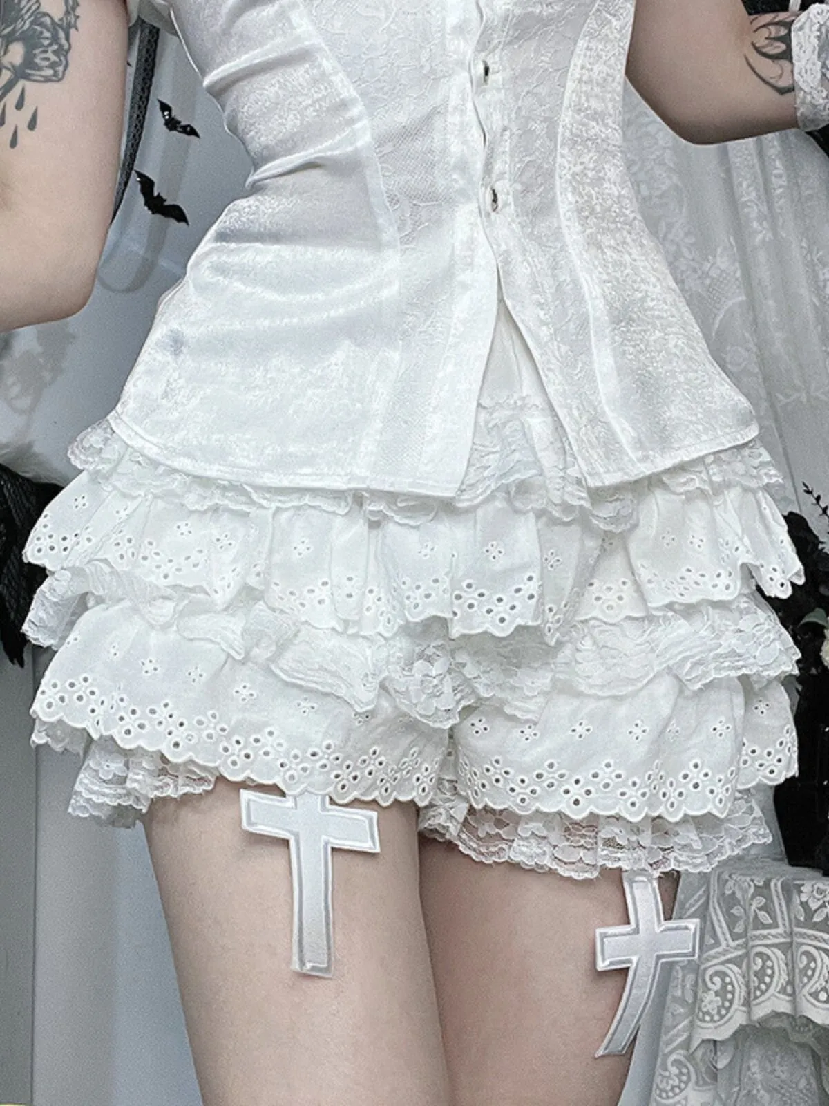 Solid Gothic Cross Pumpkin Pants Irregular Dark Subculture Alternative Fashion Ruched High Rise Skort, 1 of 8