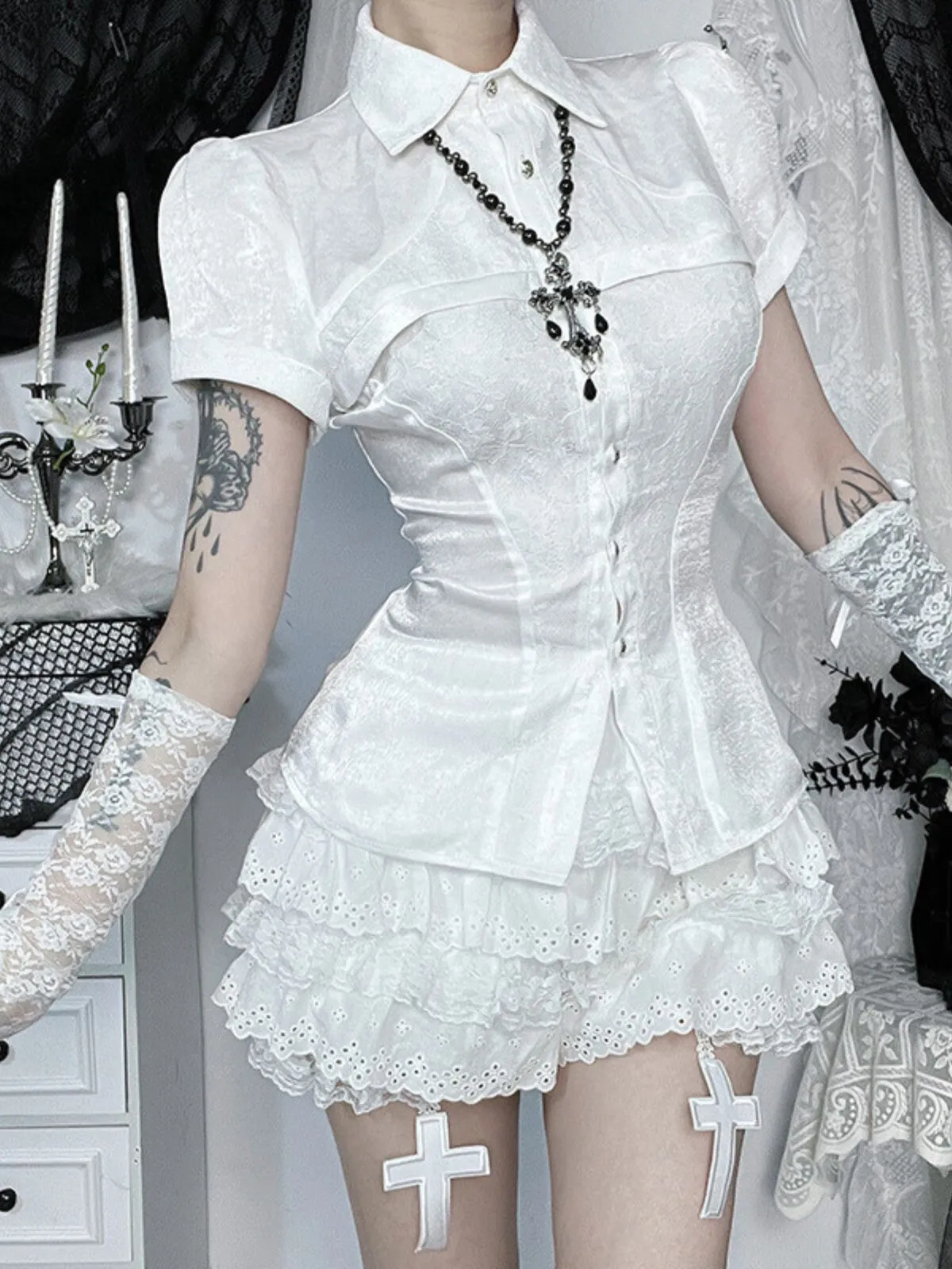 Solid Gothic Cross Pumpkin Pants Irregular Dark Subculture Alternative Fashion Ruched High Rise Skort, 4 of 8