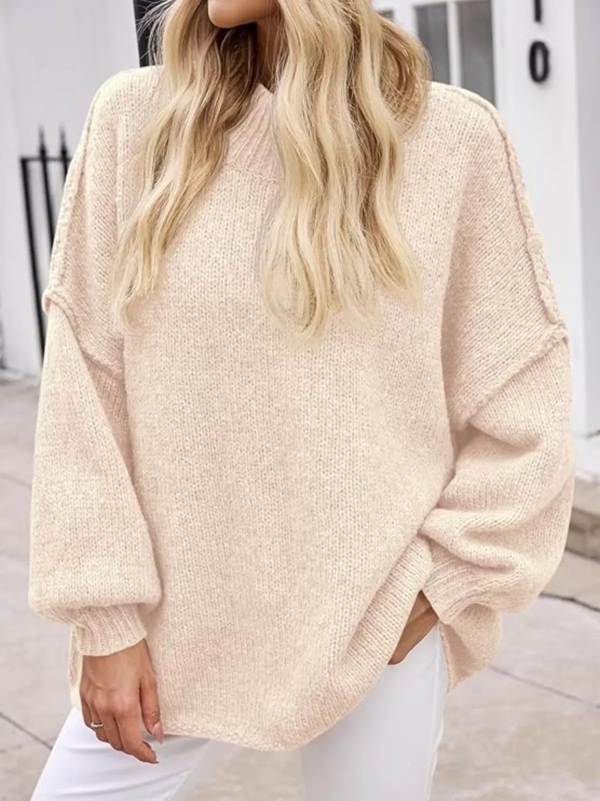Solid Round Neck Oversized Mock Neck Batwing Sweater Fall Trendy, 2 of 3