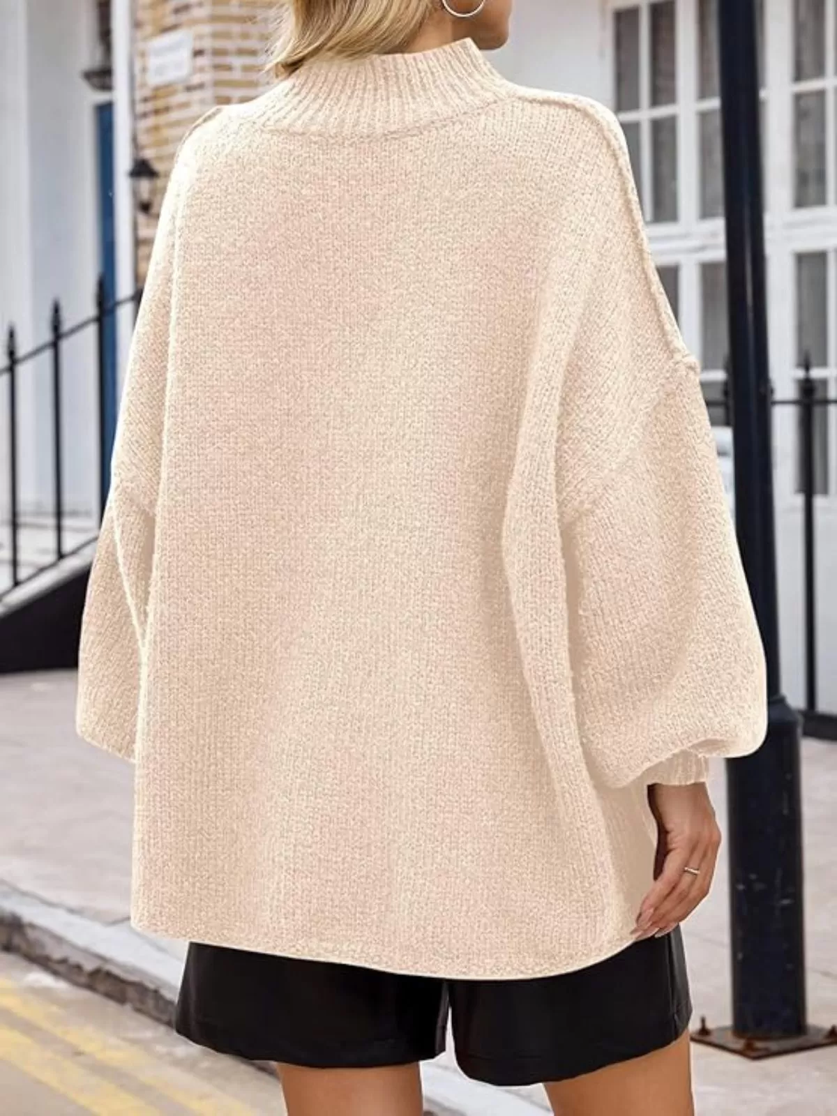 Solid Round Neck Oversized Mock Neck Batwing Sweater Fall Trendy, 3 of 3