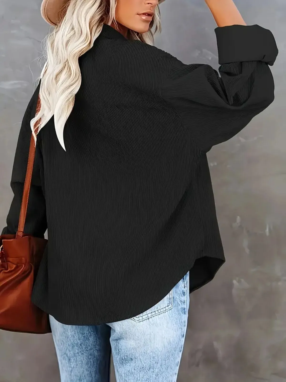 Solid Lapel Collared Minimalist Button Front Collared Blouse Casual Baggy Drop Shoulder Womenswear, 2 of 3