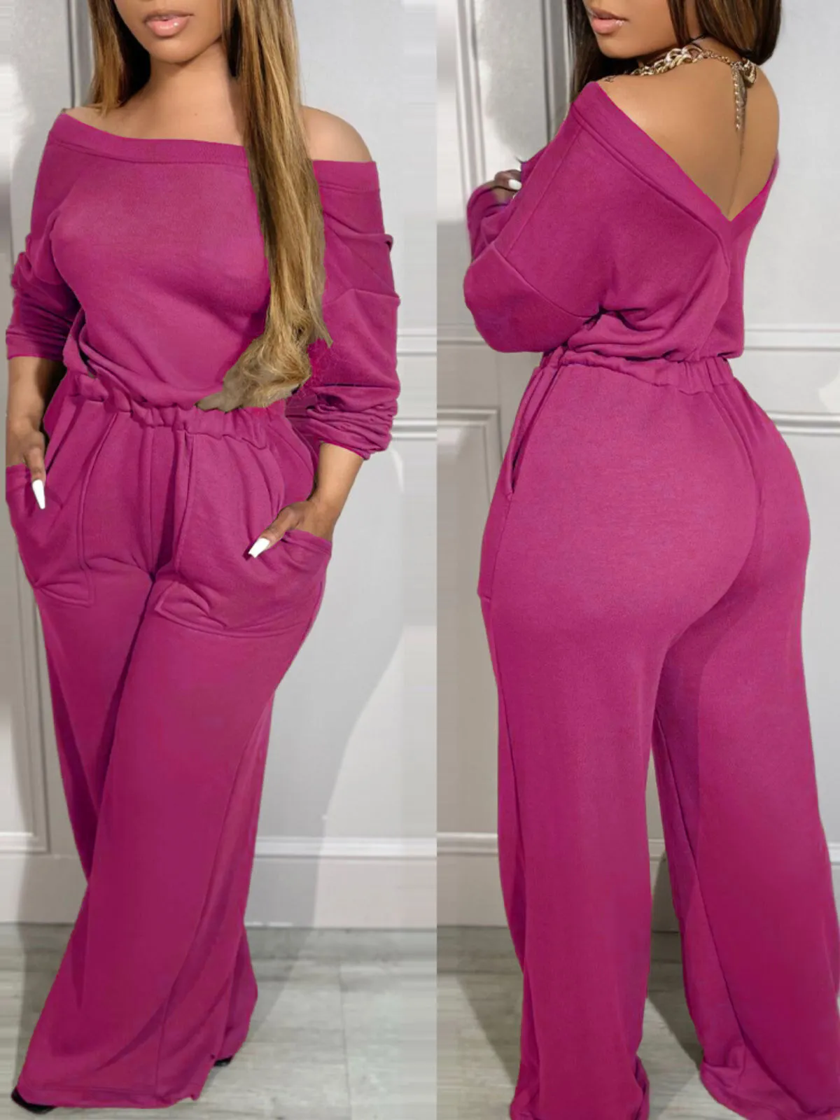 Comfortable Backless Collar Off Shoulder V-Back Stretchy Waist Pocket Design Jumpsuit, 1 of 7