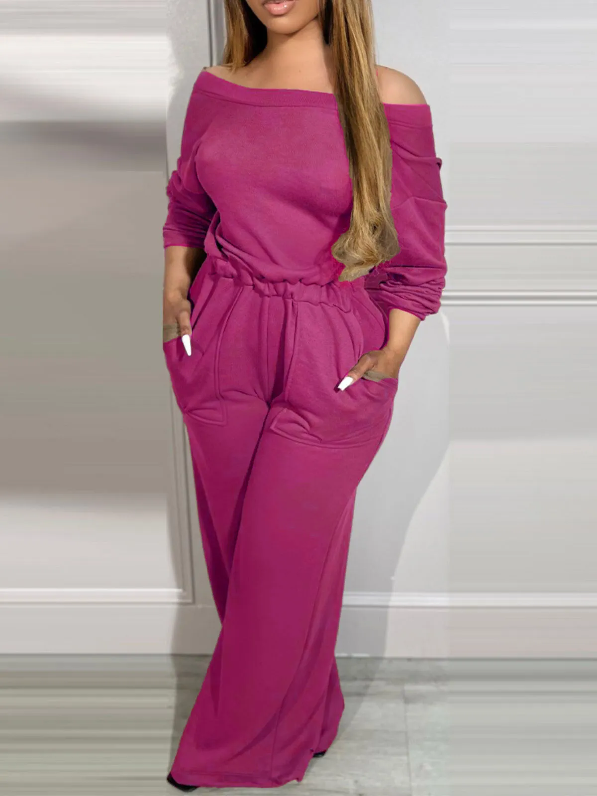 Comfortable Backless Collar Off Shoulder V-Back Stretchy Waist Pocket Design Jumpsuit, 3 of 7